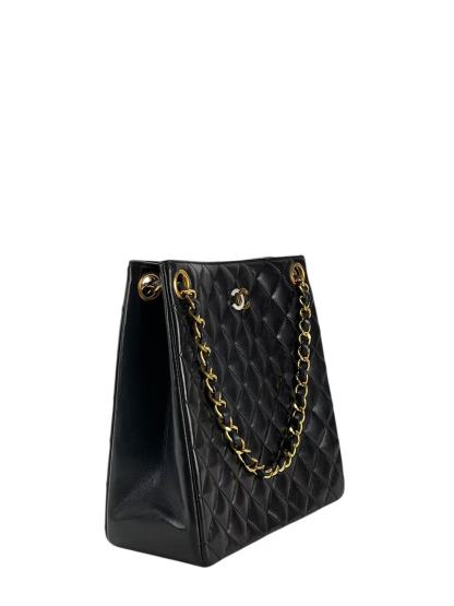 CHANEL - Black Lambskin Matelasse Chain Tote Bag Gold Hardware