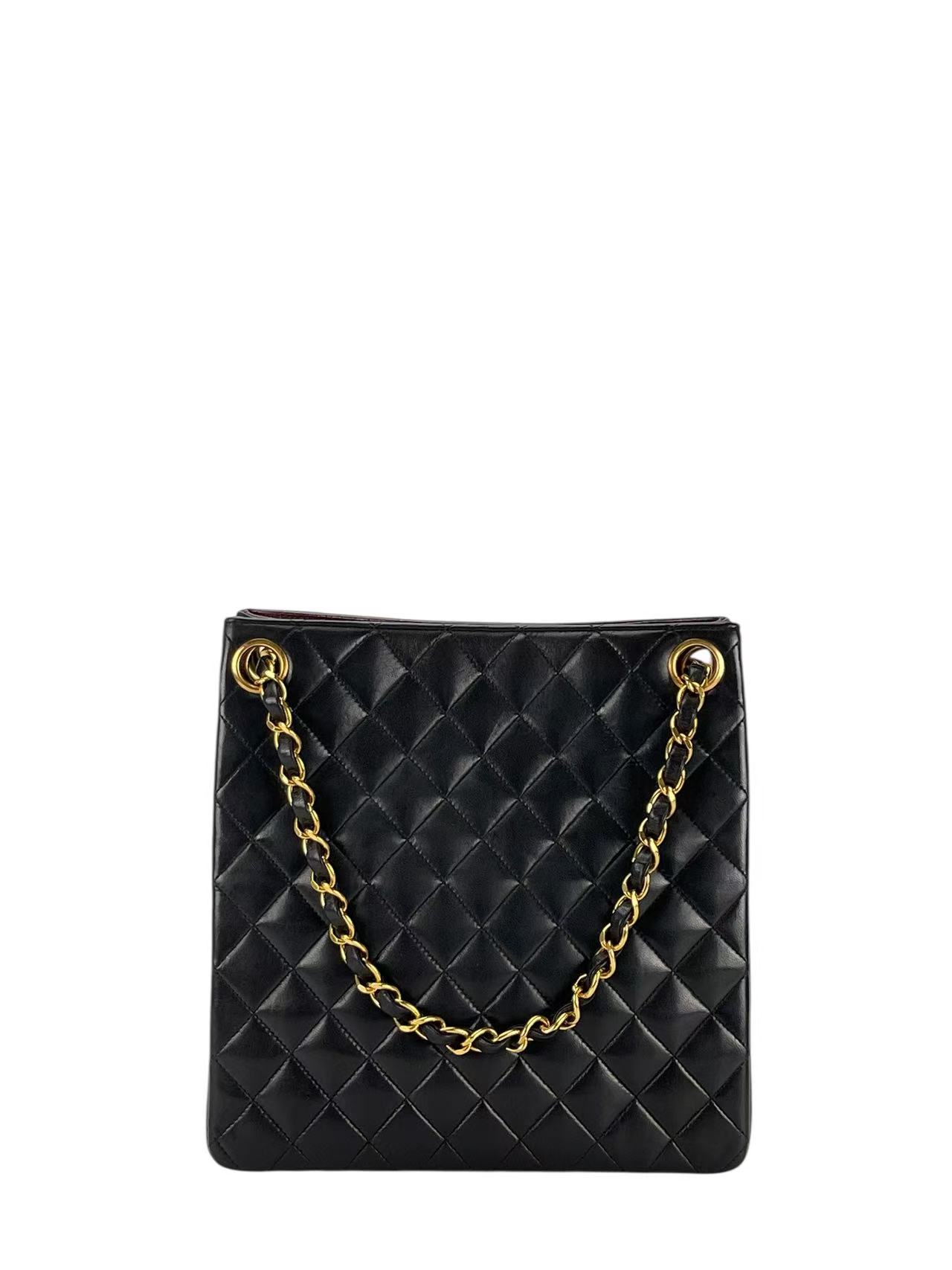 CHANEL - Black Lambskin Matelasse Chain Tote Bag Gold Hardware