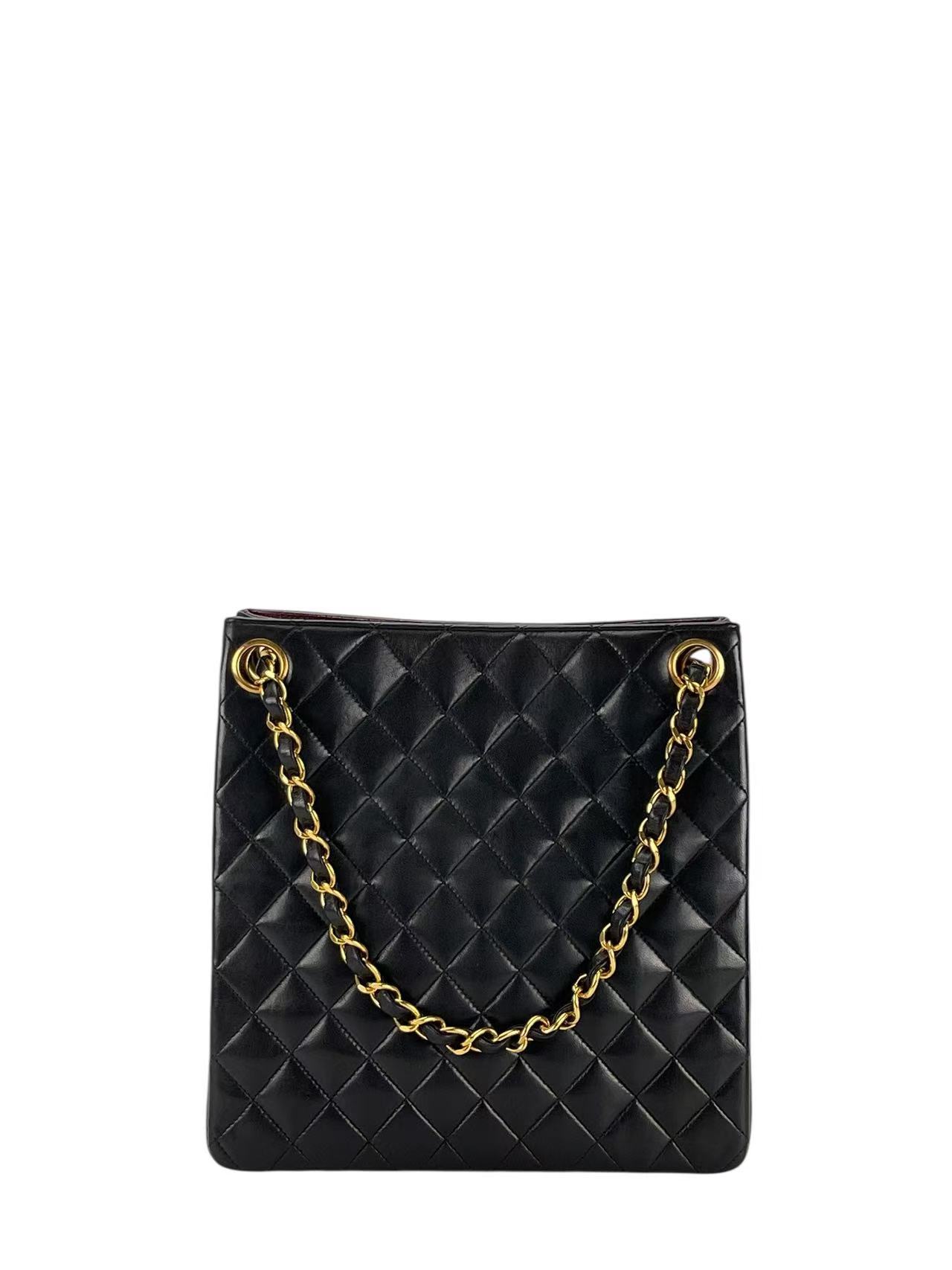 CHANEL - Black Lambskin Matelasse Chain Tote Bag Gold Hardware