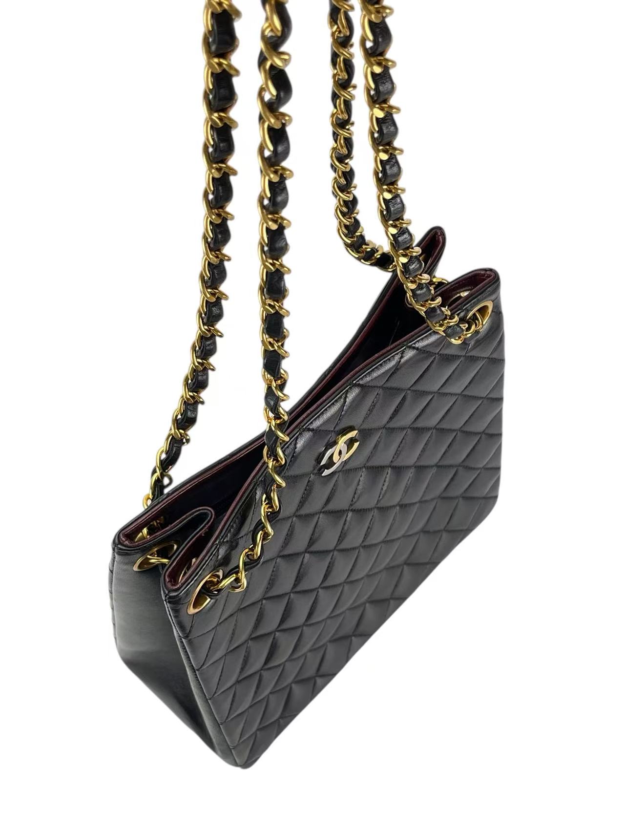 CHANEL - Black Lambskin Matelasse Chain Tote Bag Gold Hardware