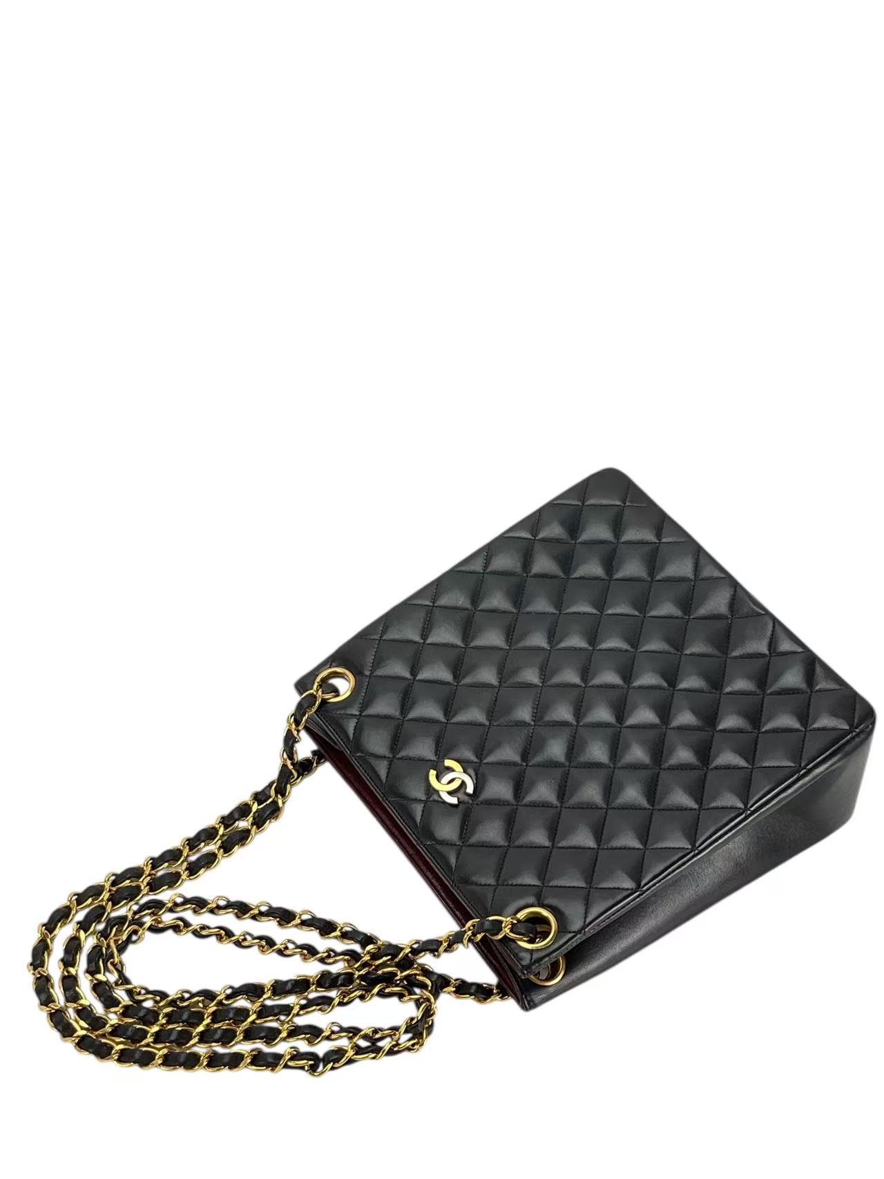 CHANEL - Black Lambskin Matelasse Chain Tote Bag Gold Hardware