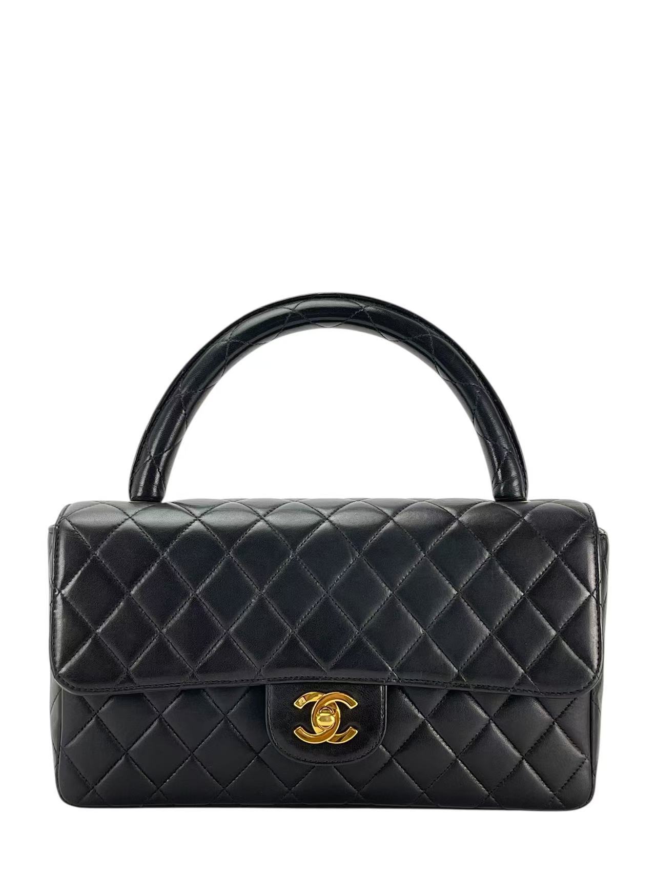 CHANEL - Medium Lambskin Black Top Handle Bag Single Flap Handbag 