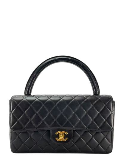 CHANEL - Medium Lambskin Black Top Handle Bag Single Flap Handbag 