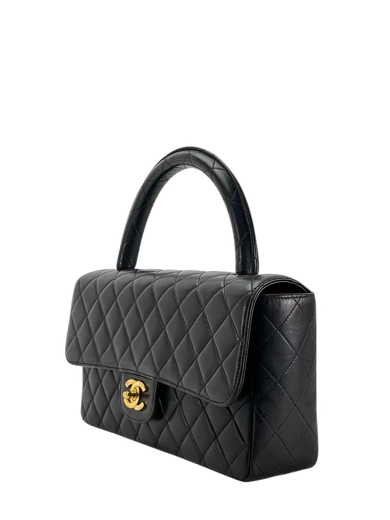CHANEL - Medium Lambskin Black Top Handle Bag Single Flap Handbag 