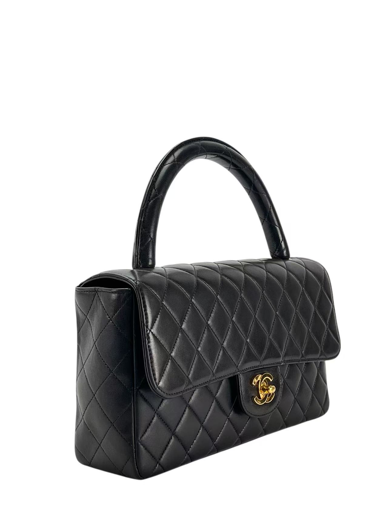 CHANEL - Medium Lambskin Black Top Handle Bag Single Flap Handbag 