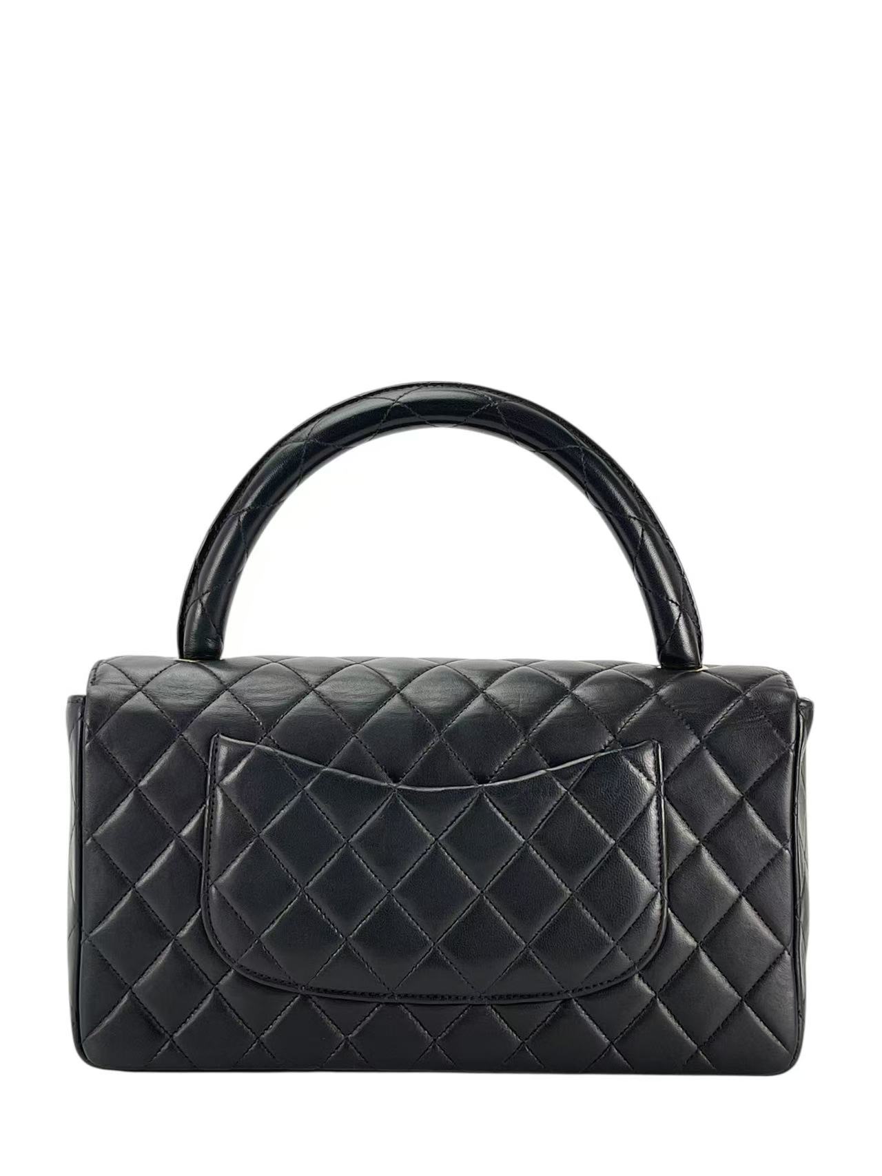 CHANEL - Medium Lambskin Black Top Handle Bag Single Flap Handbag 