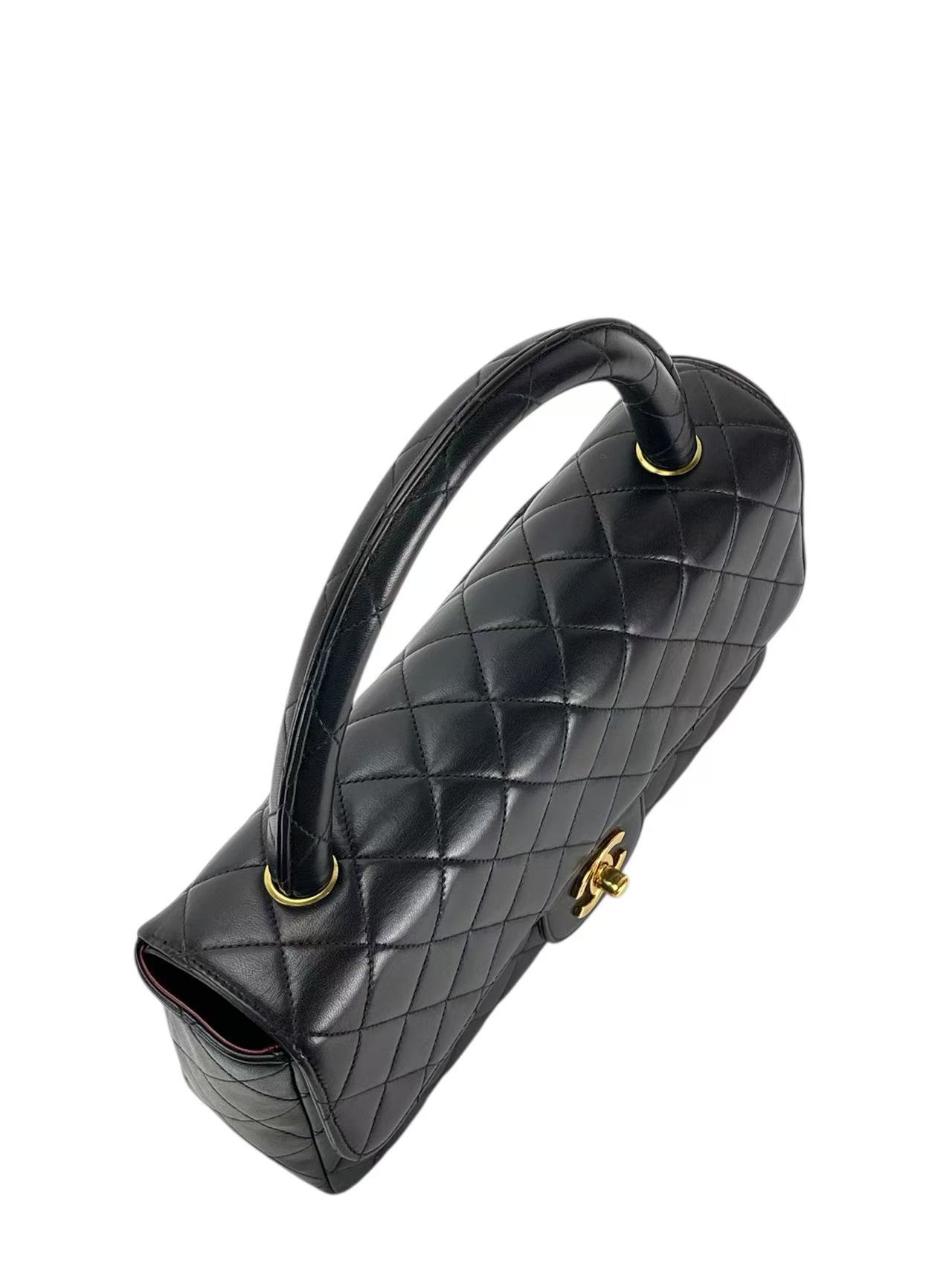 CHANEL - Medium Lambskin Black Top Handle Bag Single Flap Handbag 