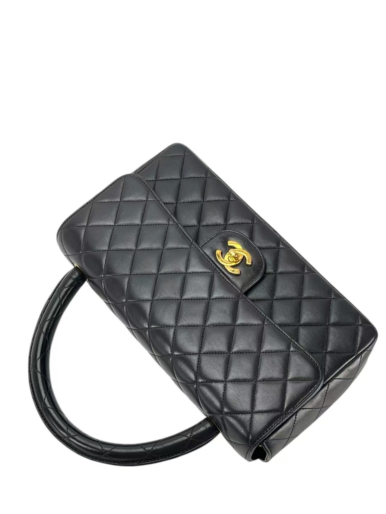 CHANEL - Medium Lambskin Black Top Handle Bag Single Flap Handbag 