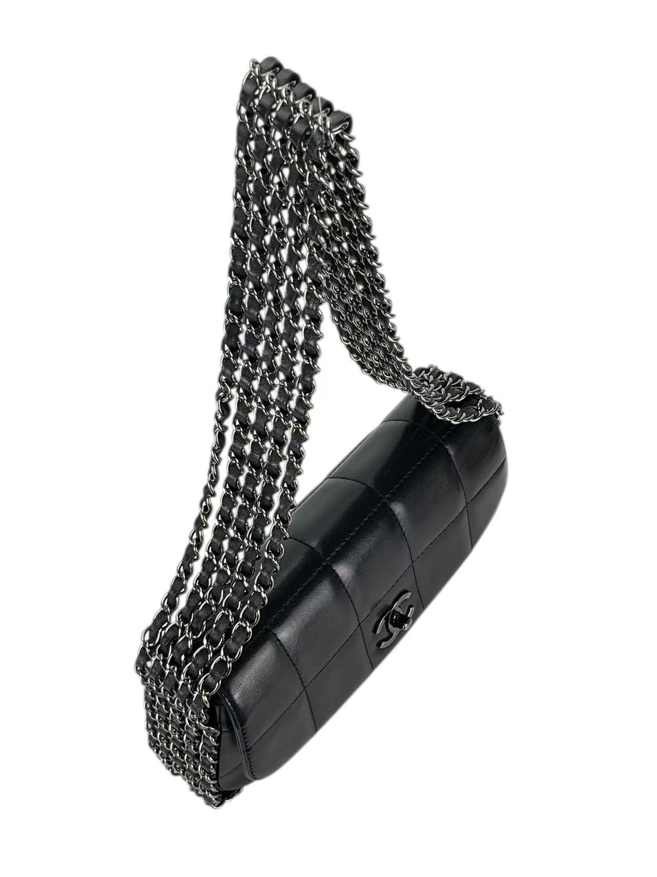 CHANEL - All Black Lambskin Chain Pochette Bag