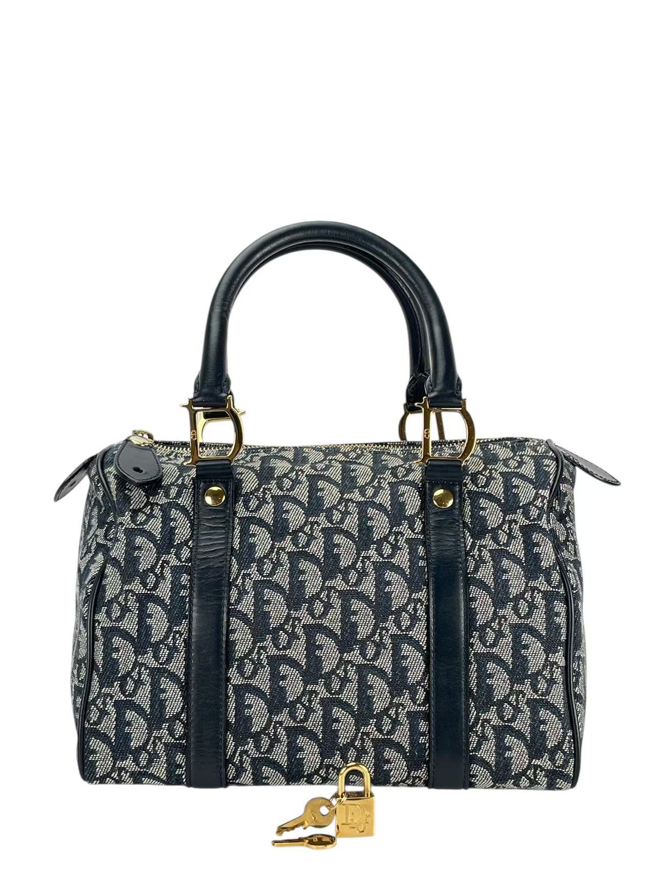 CHRISTIAN DIOR - Navy Canvas Leather Trotter Handbag Gold Hardware