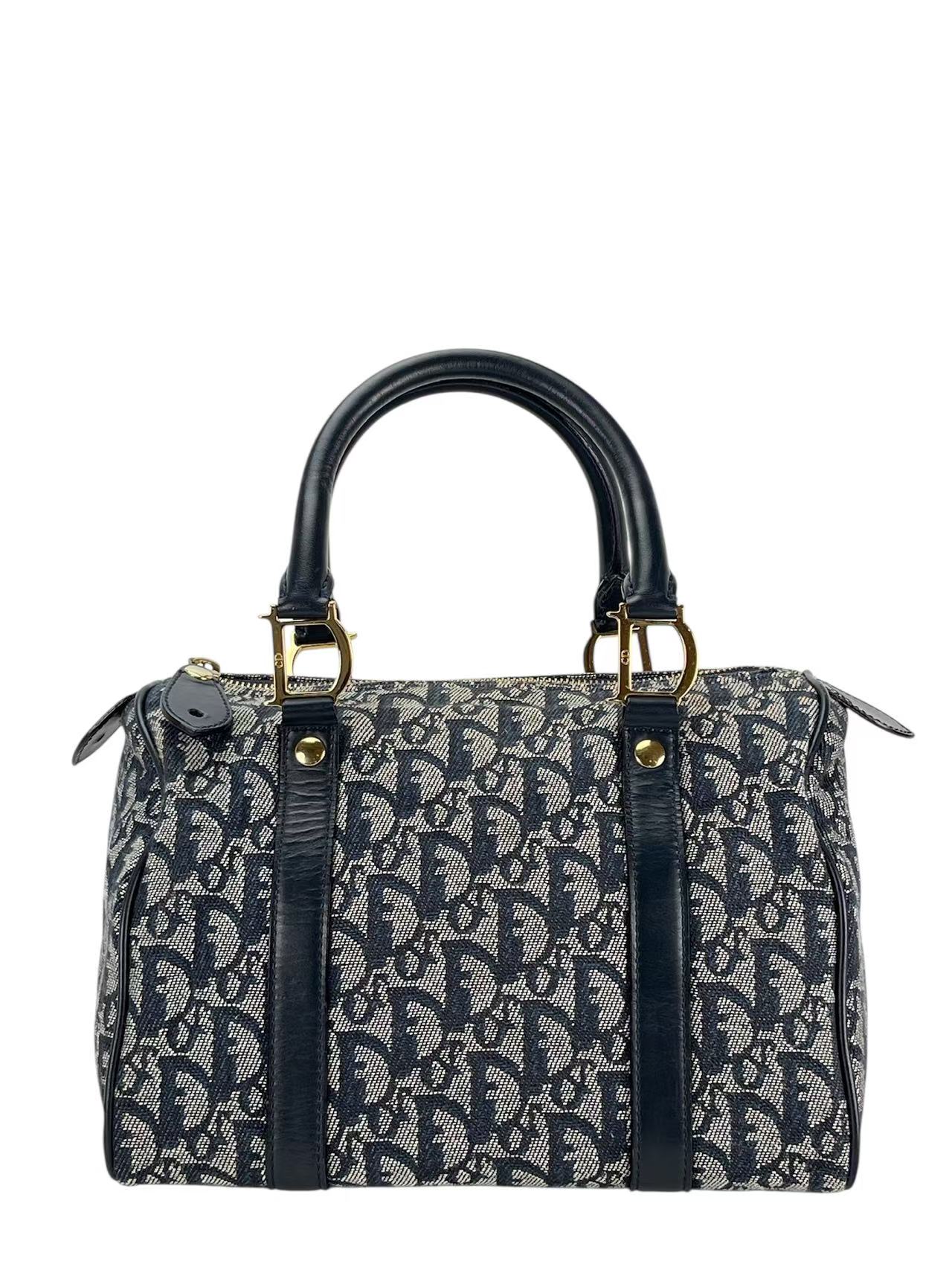 CHRISTIAN DIOR - Navy Canvas Leather Trotter Handbag Gold Hardware