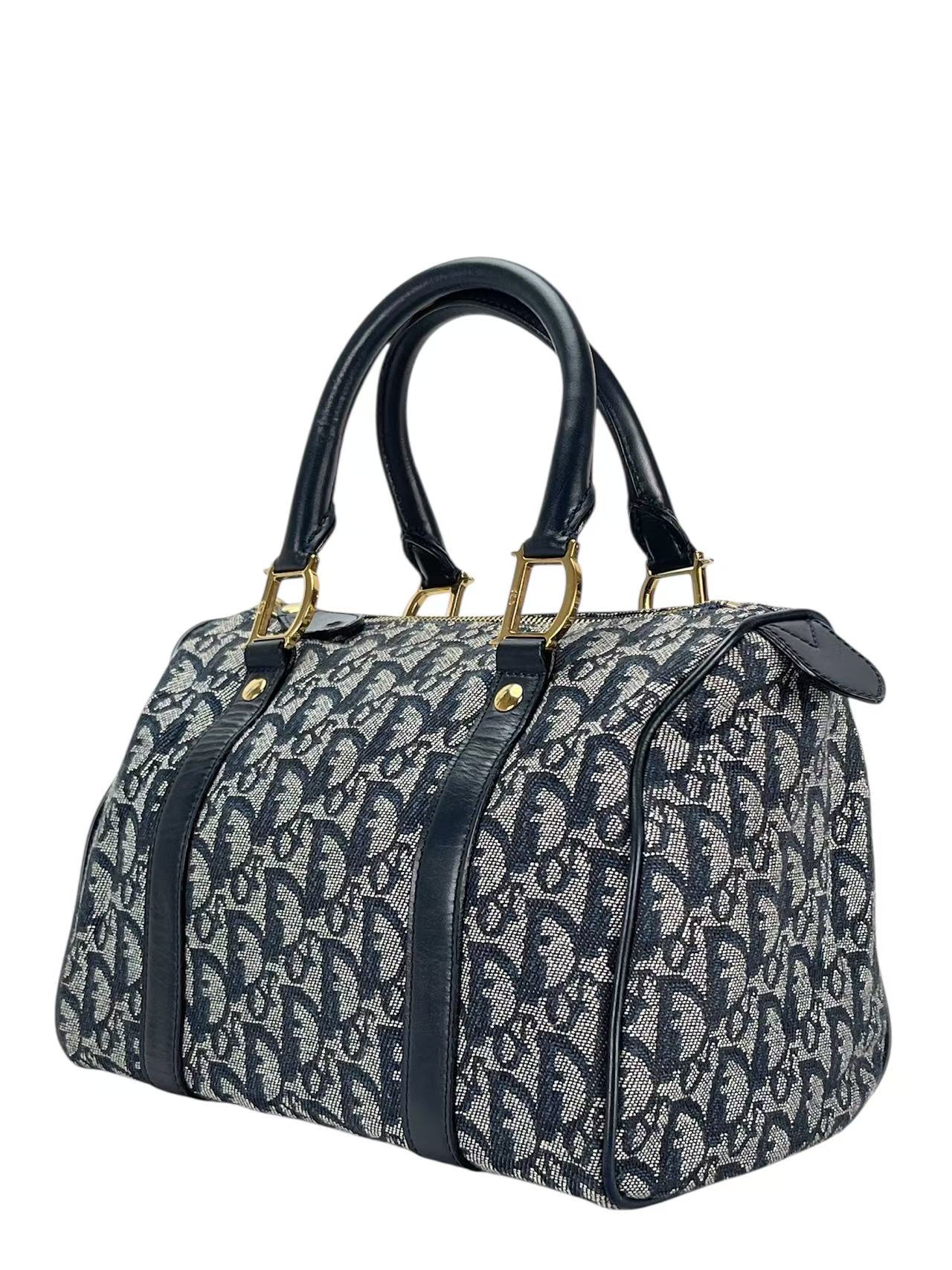 CHRISTIAN DIOR - Navy Canvas Leather Trotter Handbag Gold Hardware