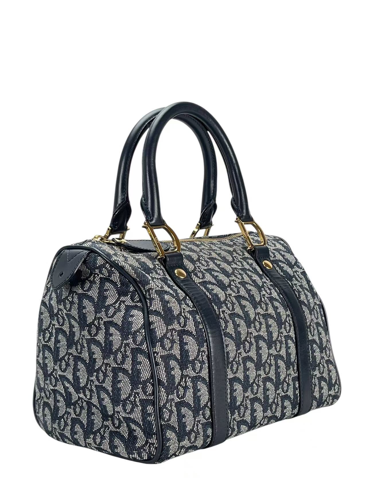 CHRISTIAN DIOR - Navy Canvas Leather Trotter Handbag Gold Hardware