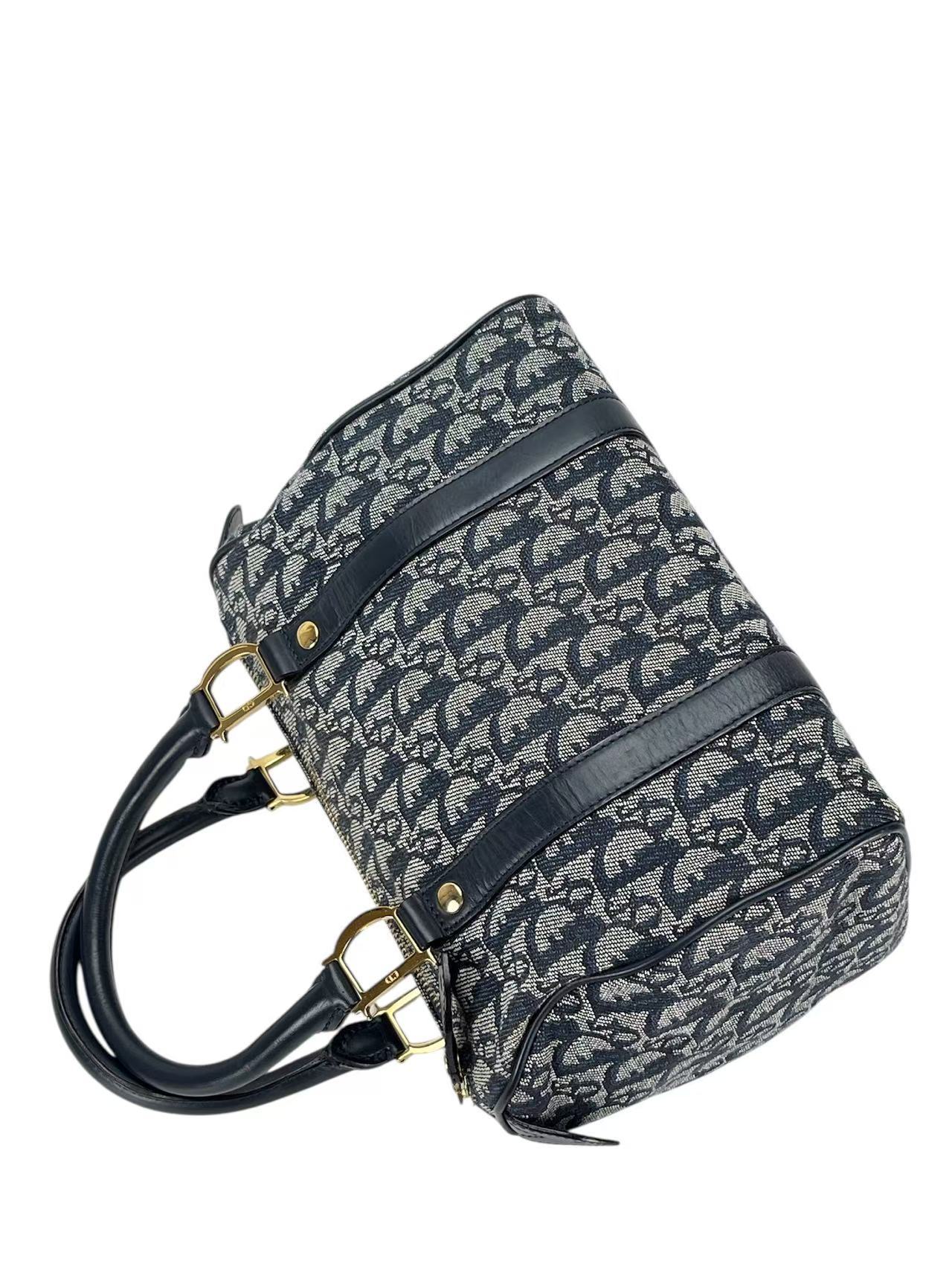 CHRISTIAN DIOR - Navy Canvas Leather Trotter Handbag Gold Hardware