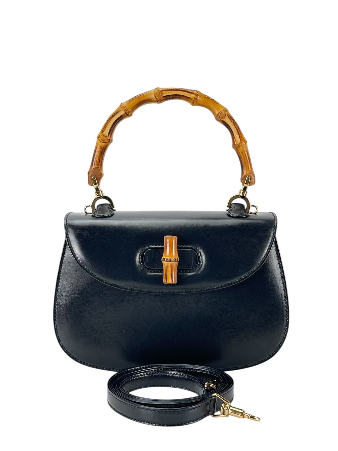 GUCCI - Black Box Leather 2way Small Leather Bamboo Handbag 