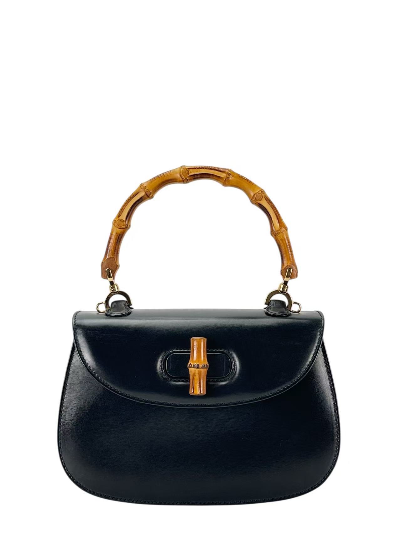GUCCI - Black Box Leather 2way Small Leather Bamboo Handbag 
