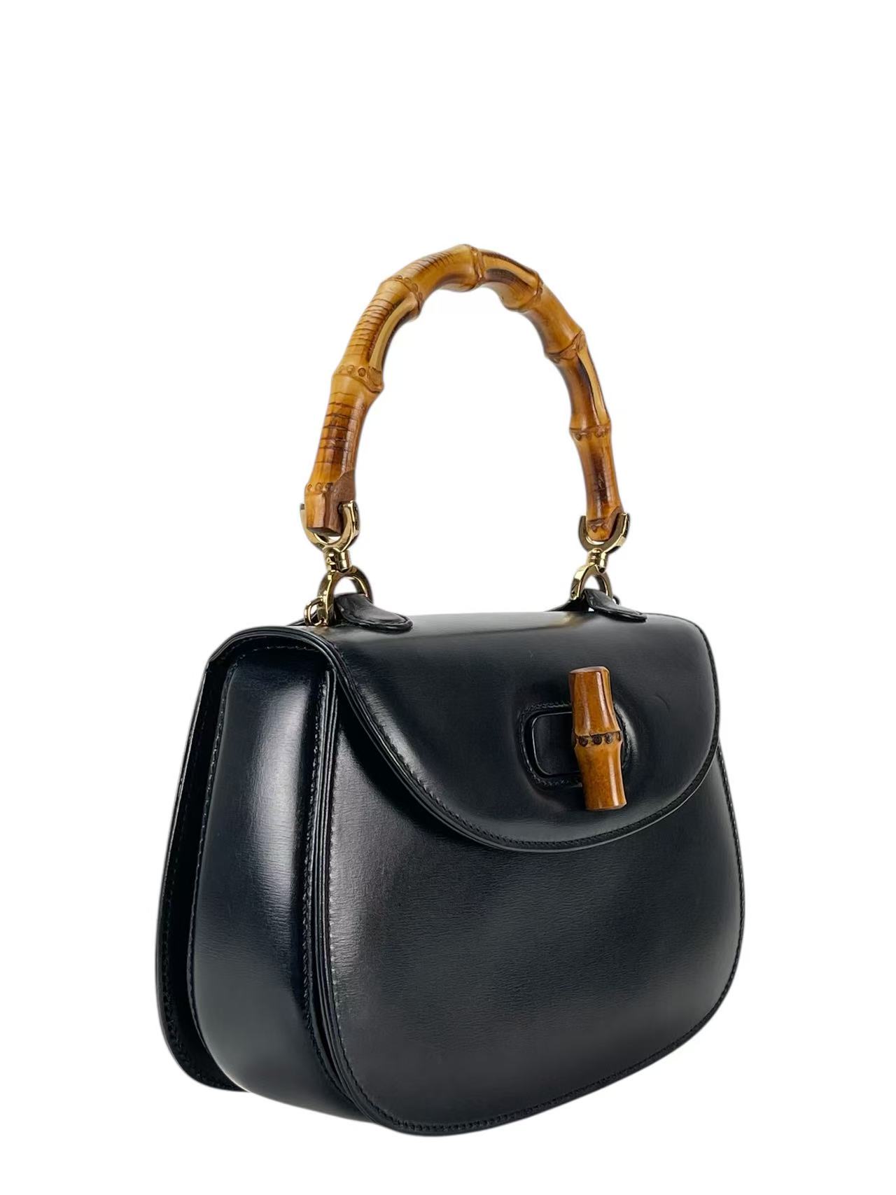 GUCCI - Black Box Leather 2way Small Leather Bamboo Handbag 