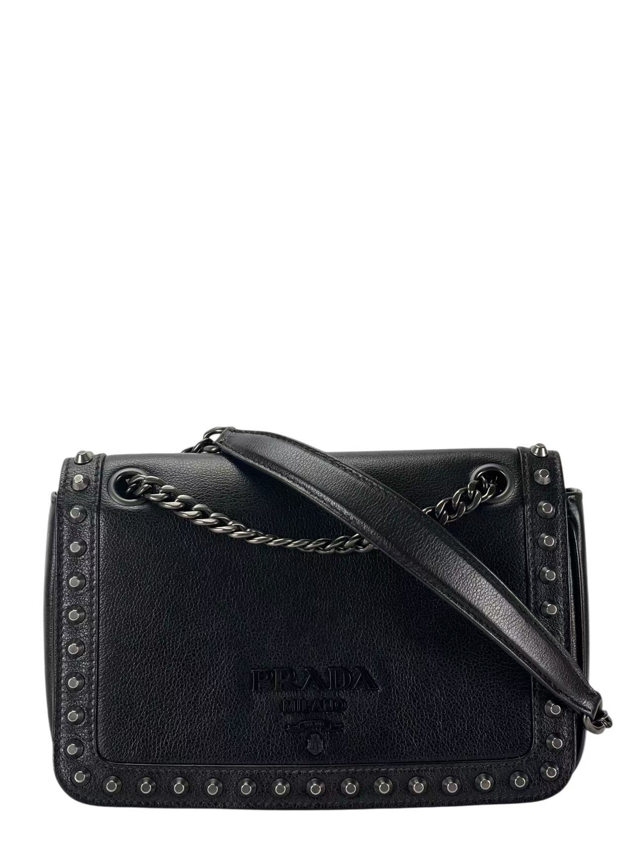 PRADA - Black Leather Studded Flap Double Chain Shoulder Bag
