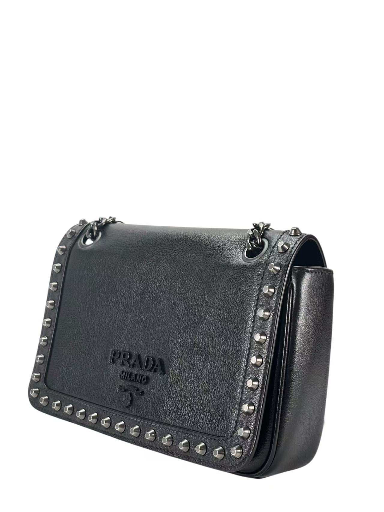 PRADA - Black Leather Studded Flap Double Chain Shoulder Bag