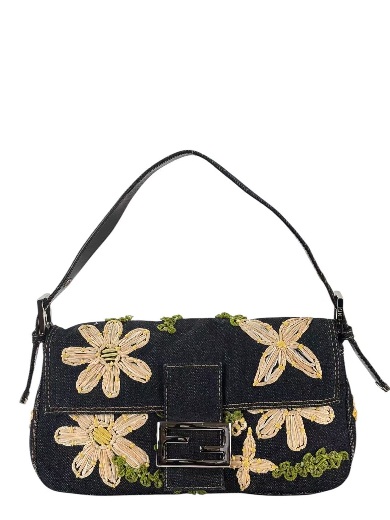 FENDI - Small Baguette Bag Denim Flower Navy