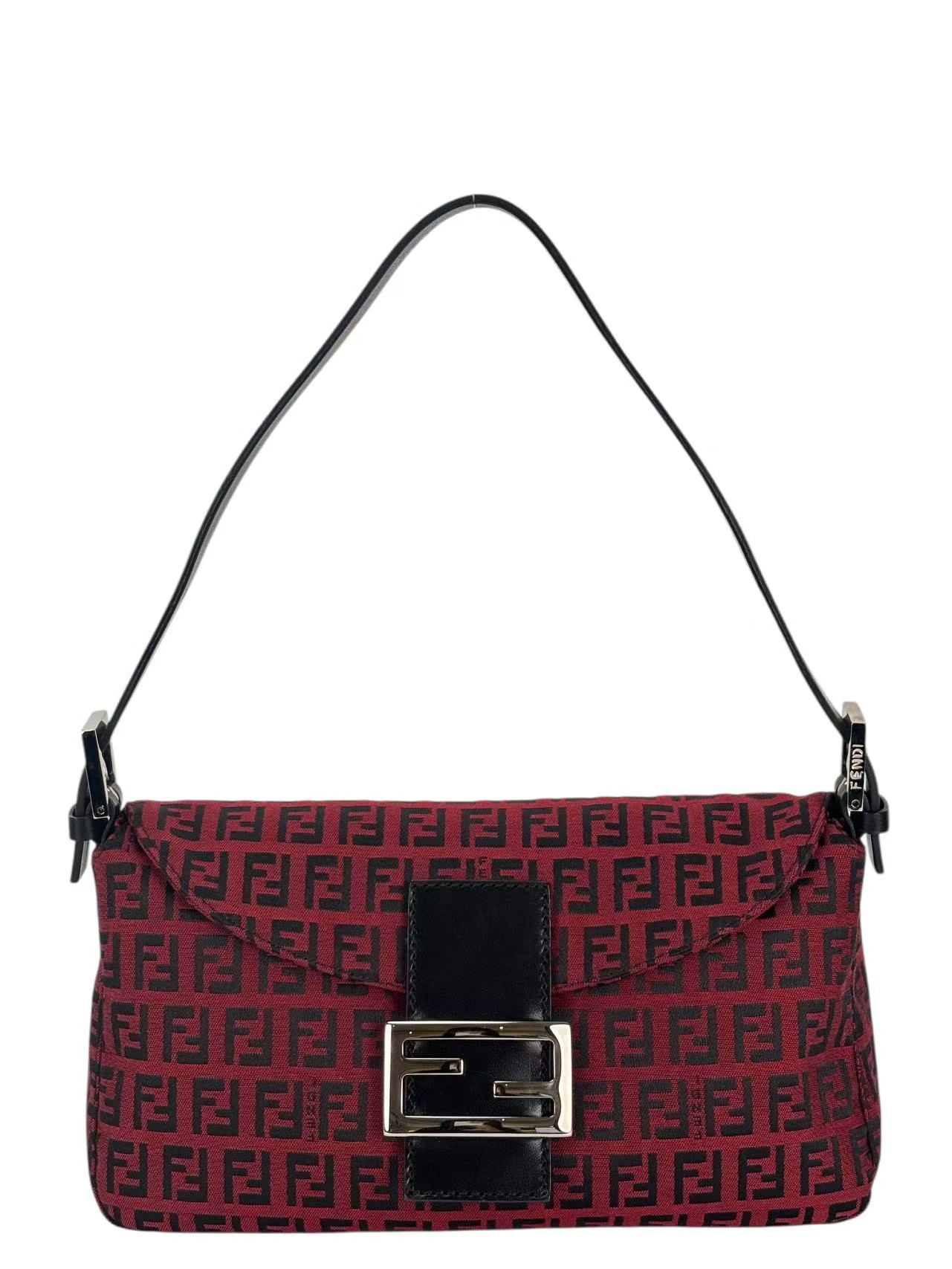 FENDI - Red Canvas Zucca Baguette Handbag Silver Hardware