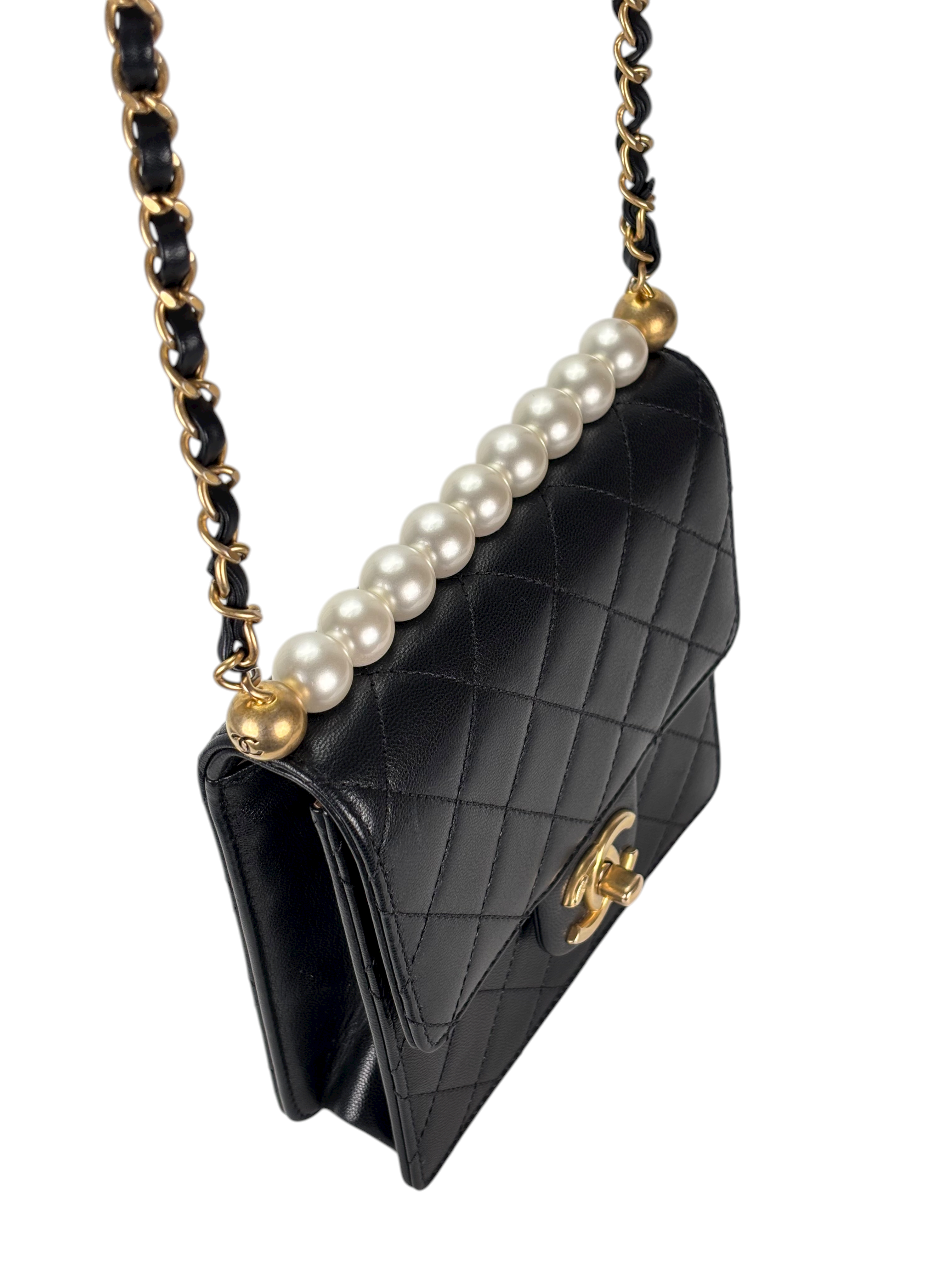 CHANEL - Black Lambskin Mini Chic Vertical Pearls Flap Bag