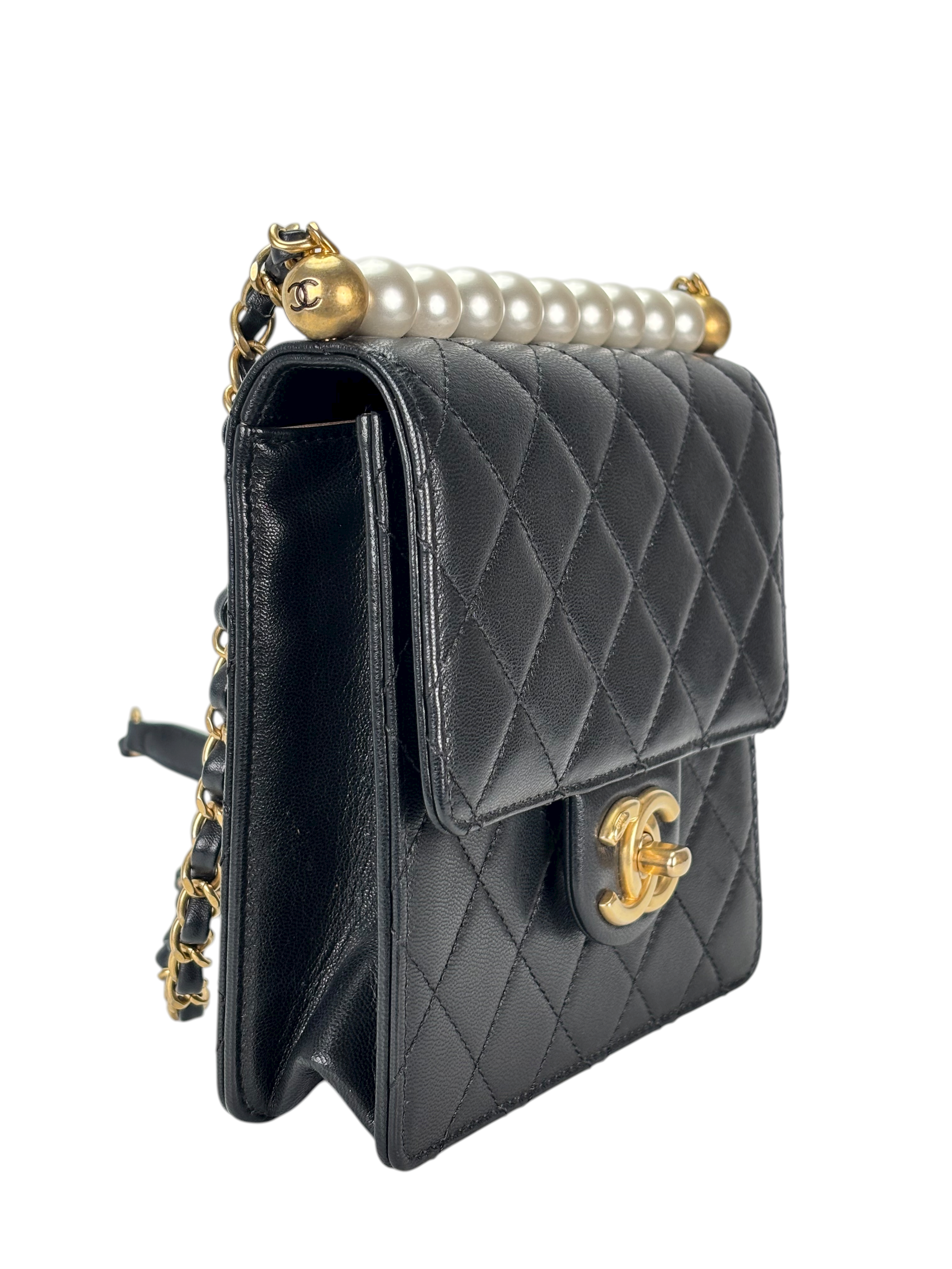 CHANEL - Black Lambskin Mini Chic Vertical Pearls Flap Bag