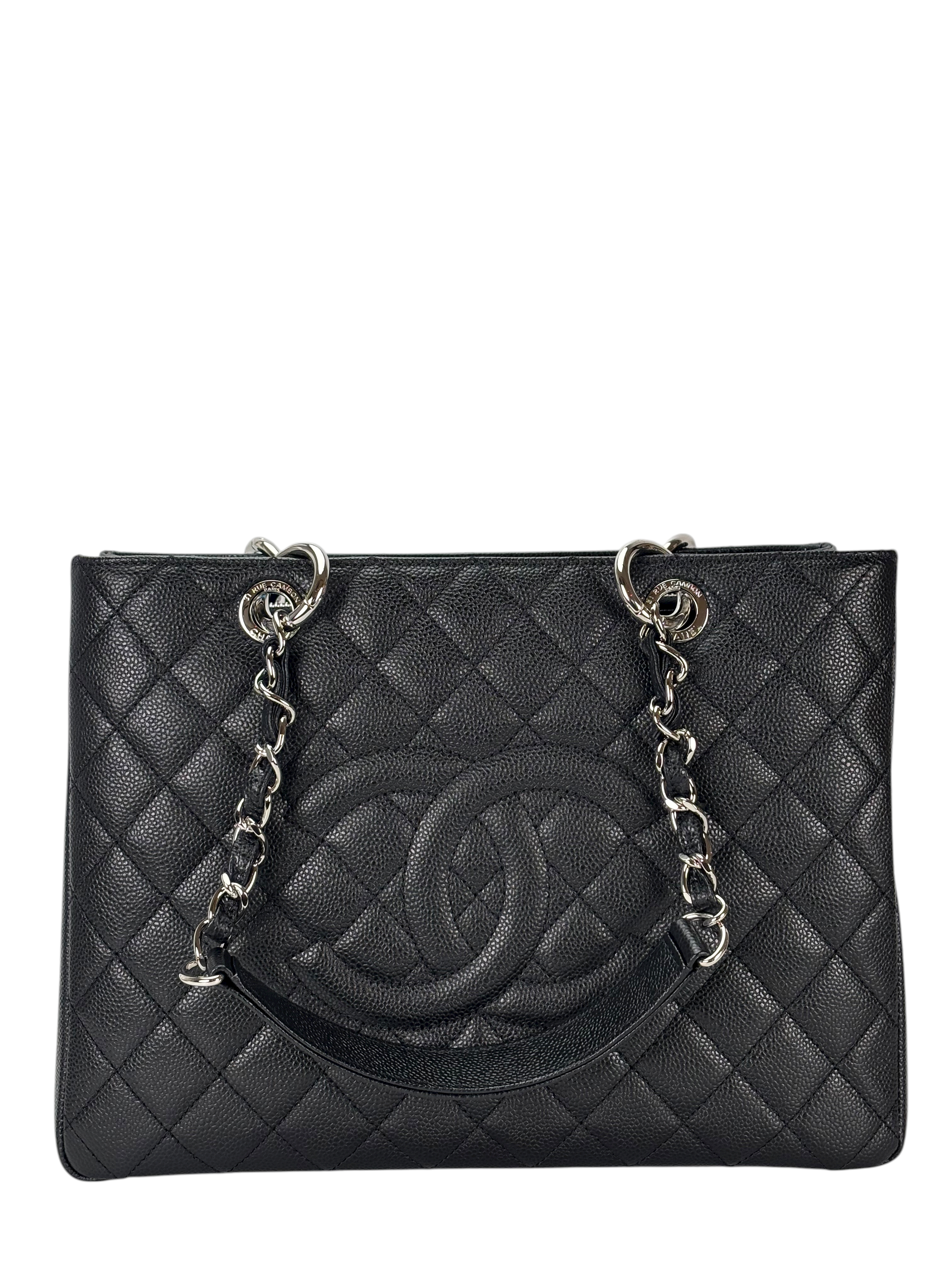 CHANEL - Black Caviar Quilted Grand Shopping Tote GST Sliver Hardware
