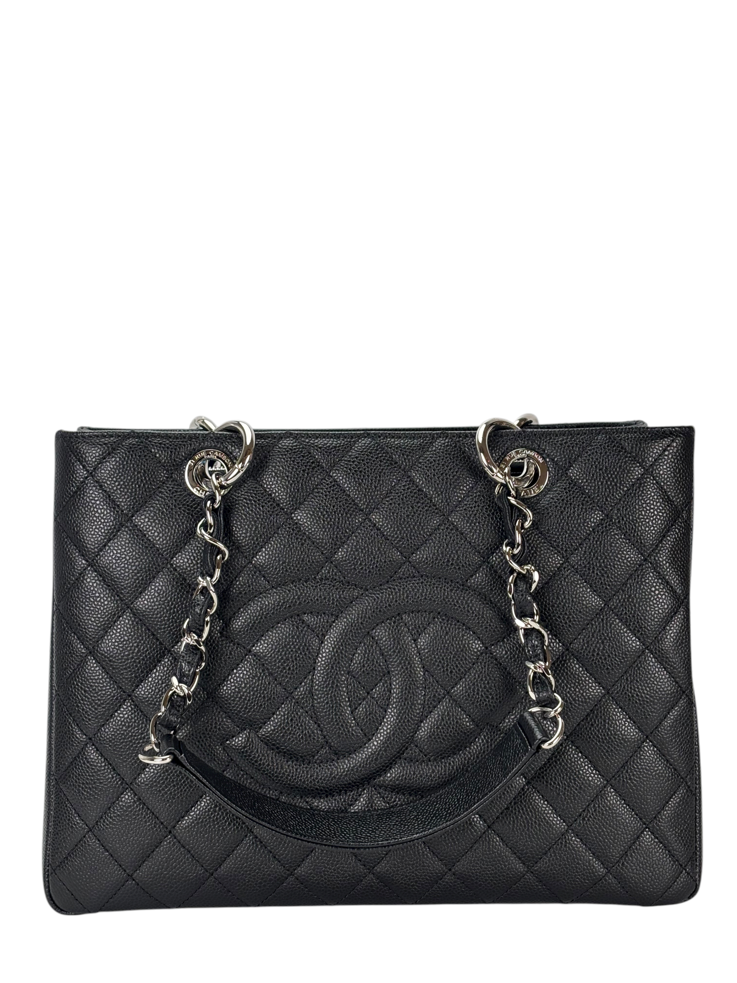 CHANEL - Black Caviar Quilted Grand Shopping Tote GST Sliver Hardware