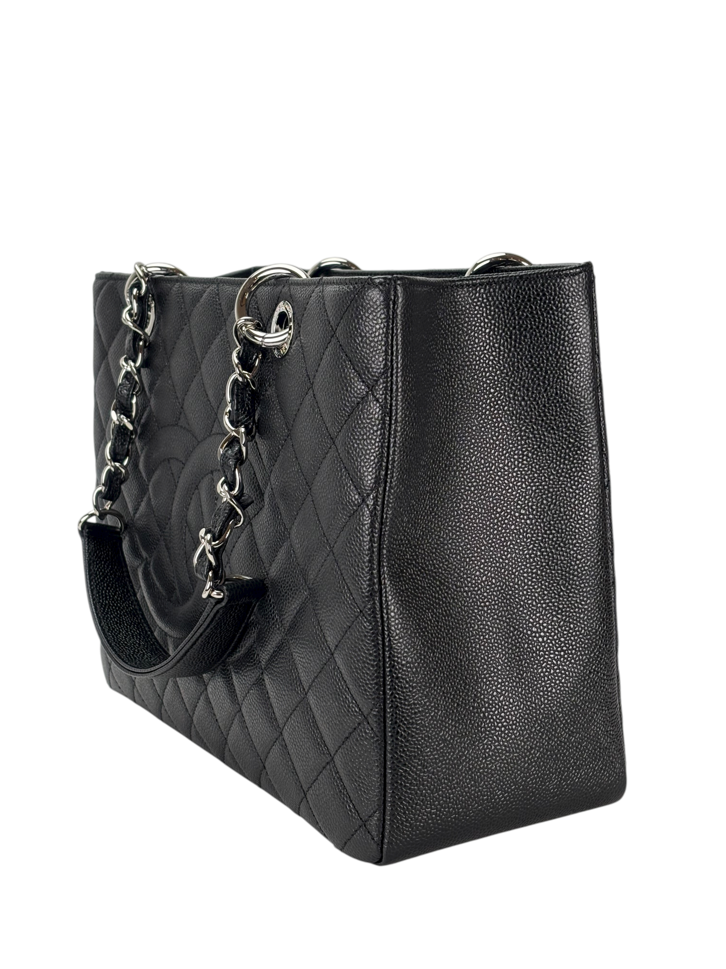 CHANEL - Black Caviar Quilted Grand Shopping Tote GST Sliver Hardware