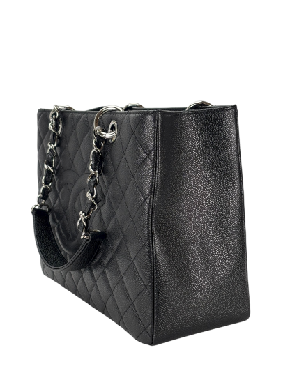 CHANEL - Black Caviar Quilted Grand Shopping Tote GST Sliver Hardware