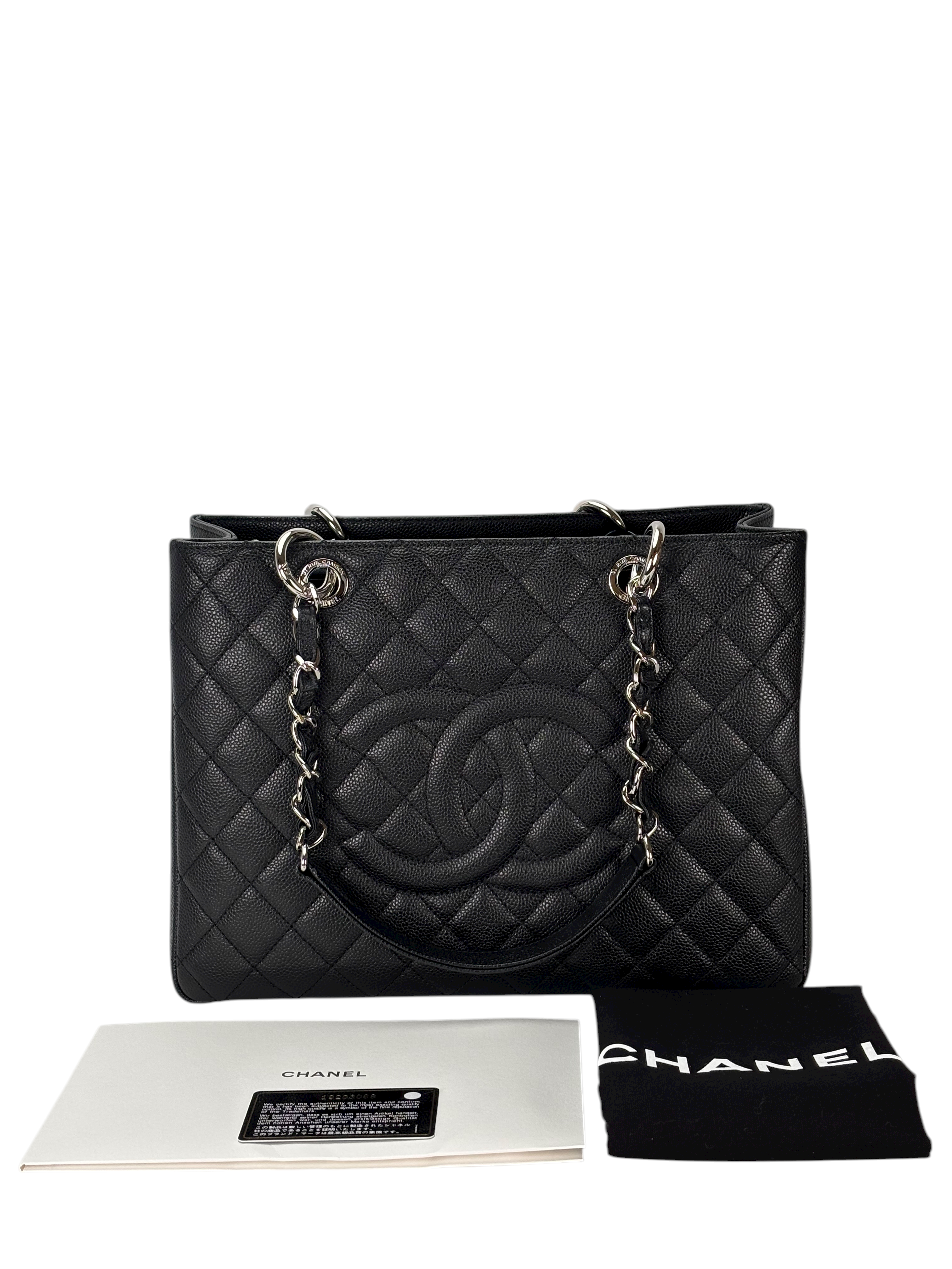 CHANEL - Black Caviar Quilted Grand Shopping Tote GST Sliver Hardware