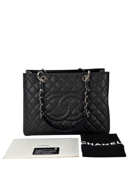 CHANEL - Black Caviar Quilted Grand Shopping Tote GST Sliver Hardware