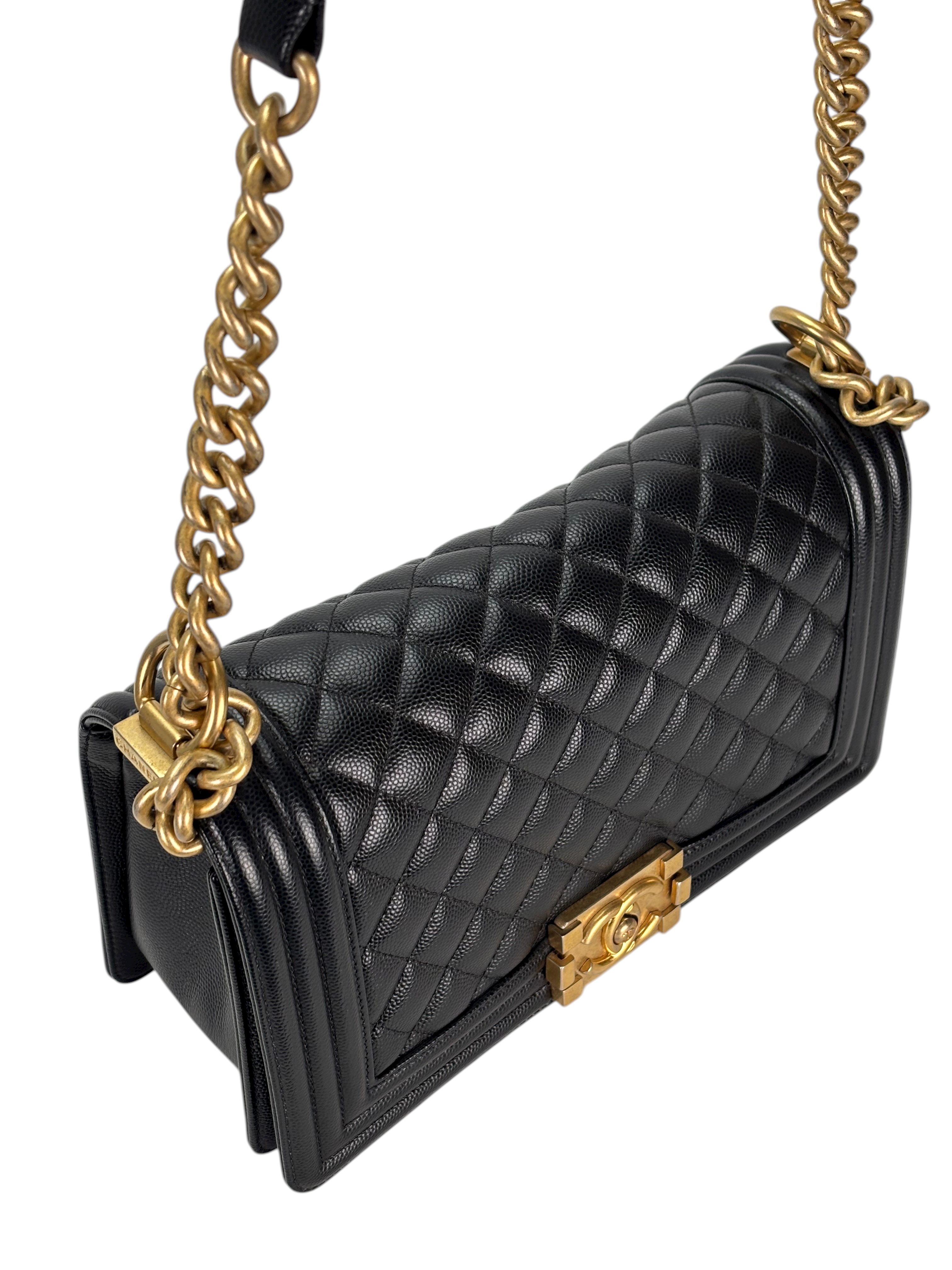 CHANEL -  Medium Boy Flap Bag Black Caviar Metal Gold Hardware