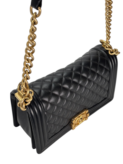 CHANEL -  Medium Boy Flap Bag Black Caviar Metal Gold Hardware