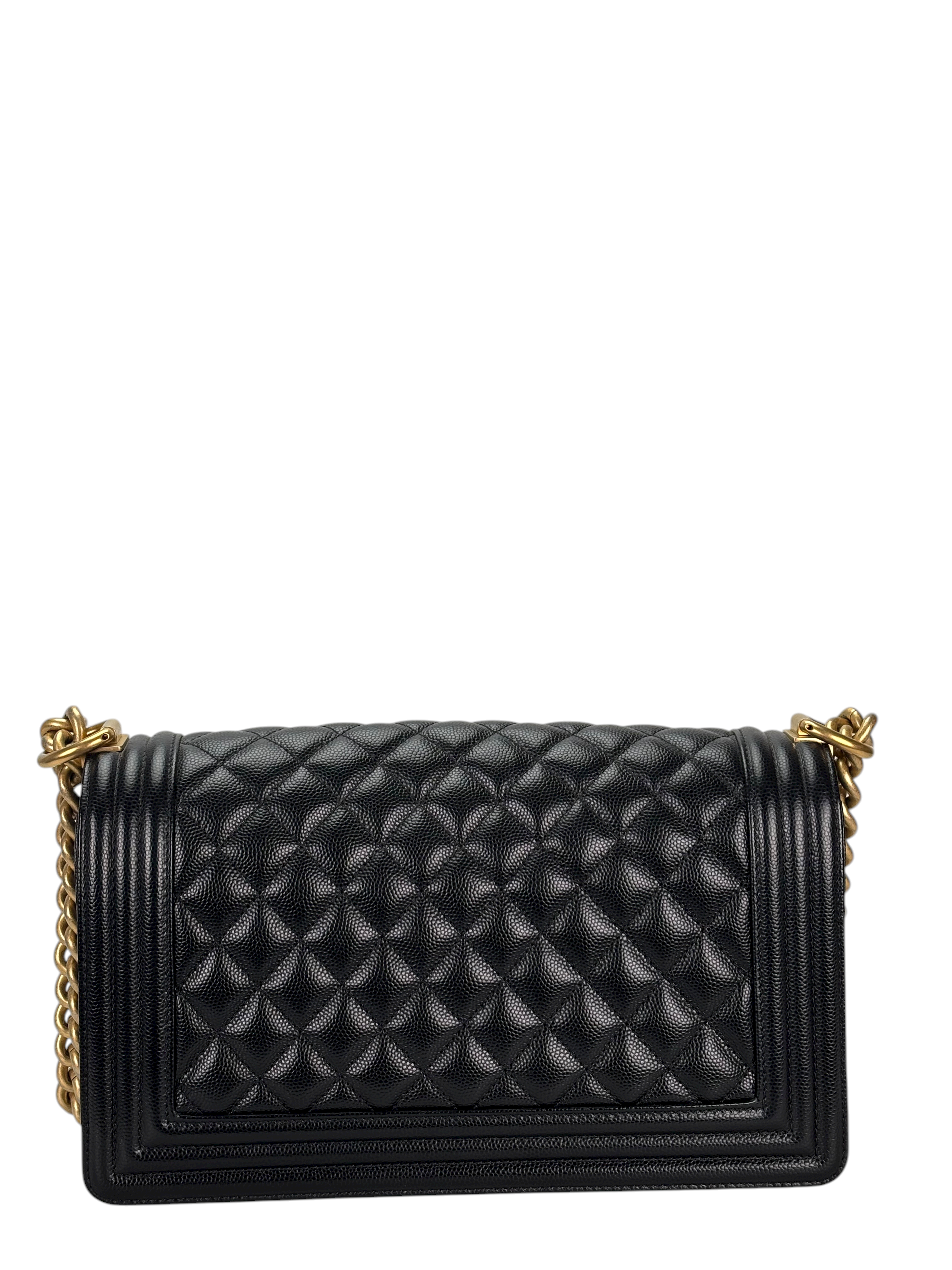 CHANEL -  Medium Boy Flap Bag Black Caviar Metal Gold Hardware