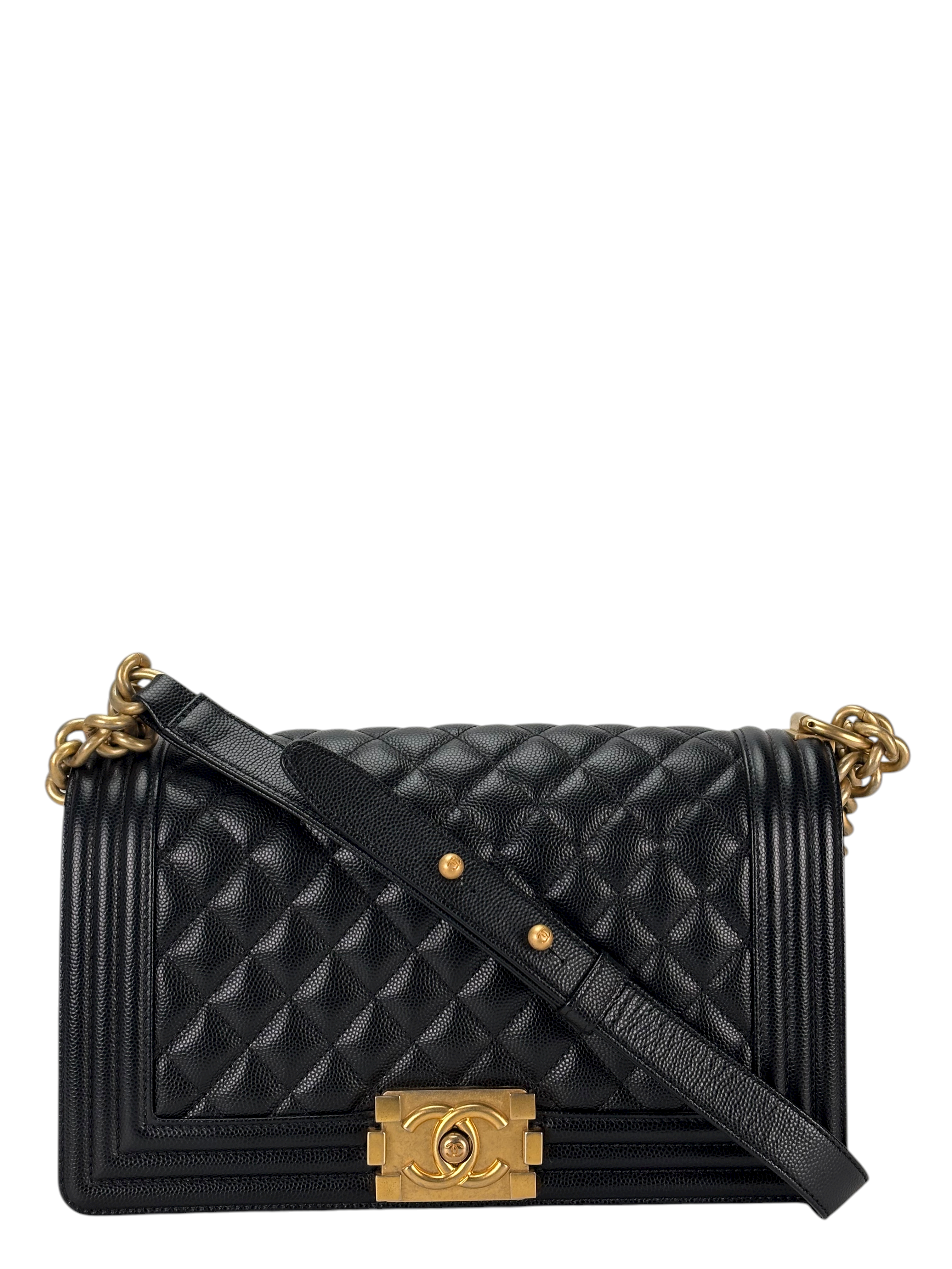CHANEL -  Medium Boy Flap Bag Black Caviar Metal Gold Hardware
