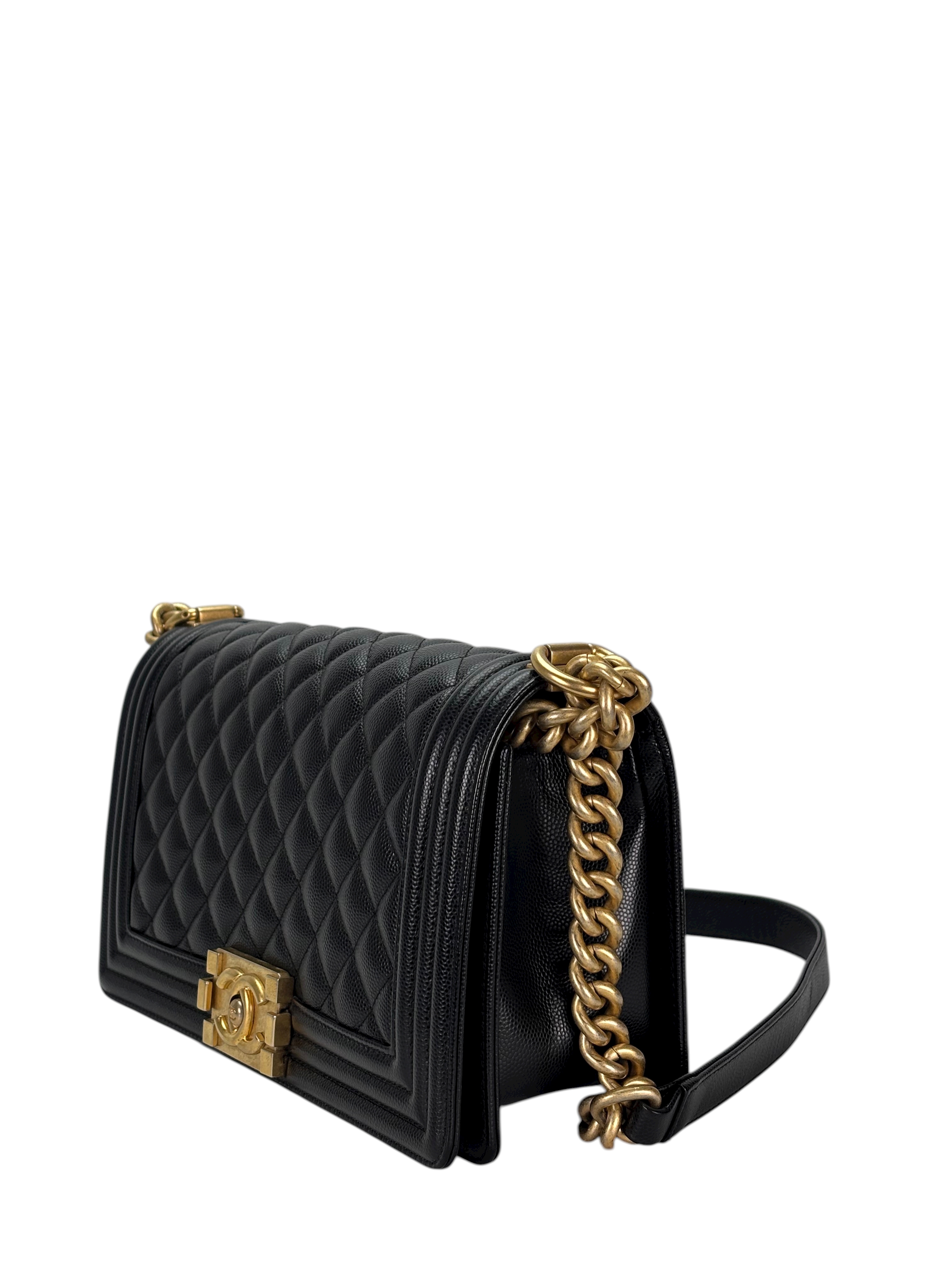 CHANEL -  Medium Boy Flap Bag Black Caviar Metal Gold Hardware