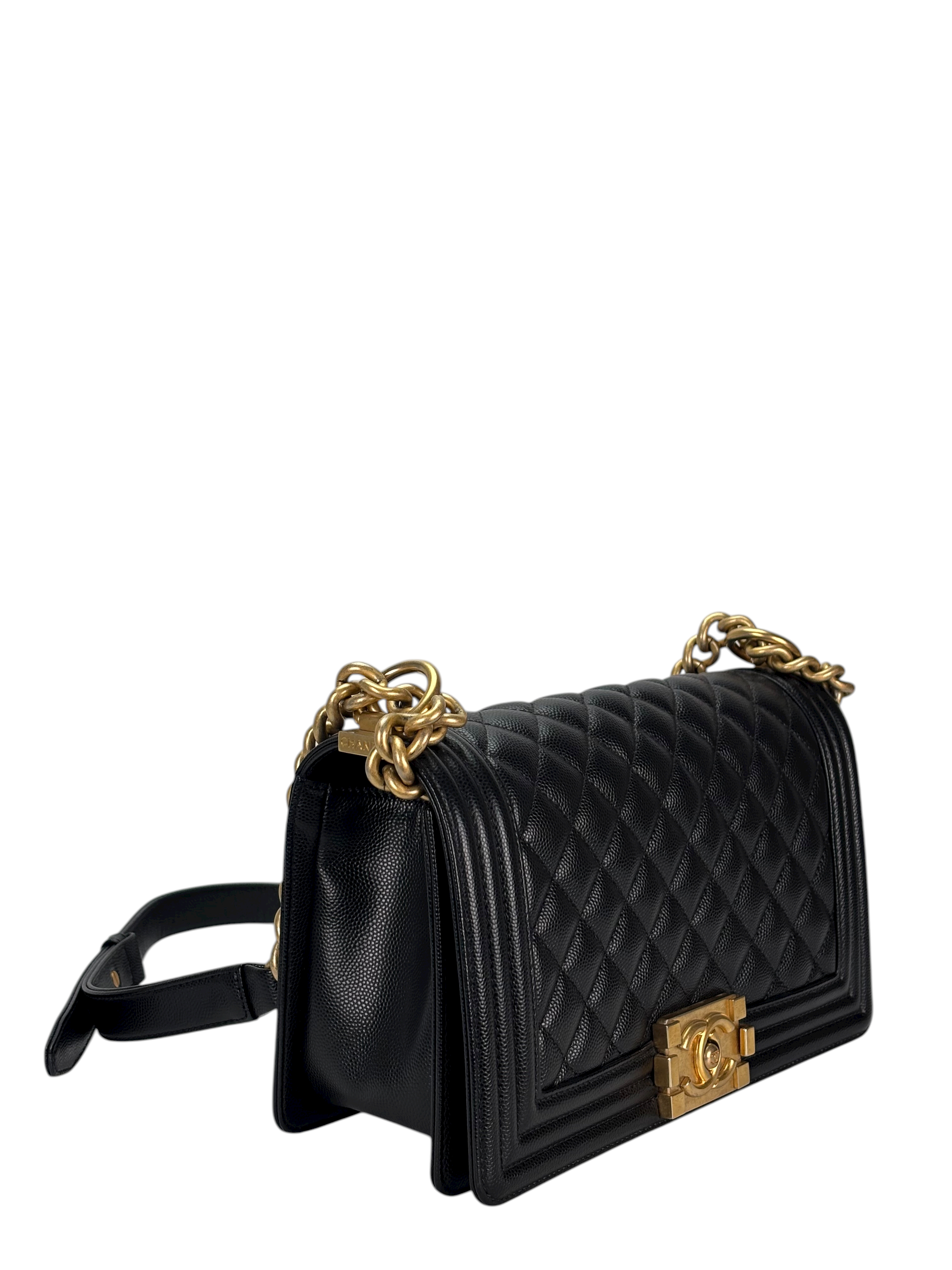 CHANEL -  Medium Boy Flap Bag Black Caviar Metal Gold Hardware