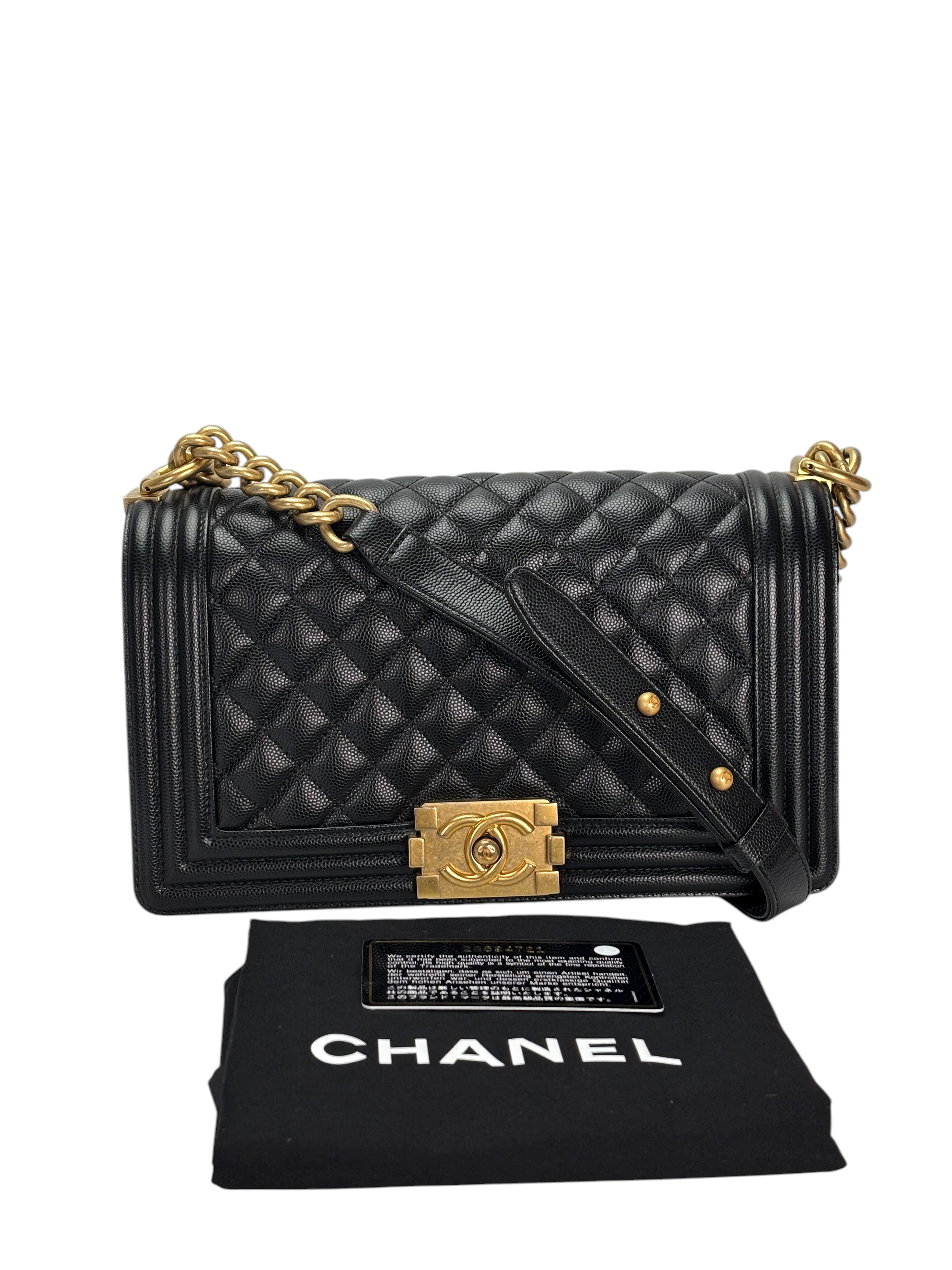 CHANEL -  Medium Boy Flap Bag Black Caviar Metal Gold Hardware