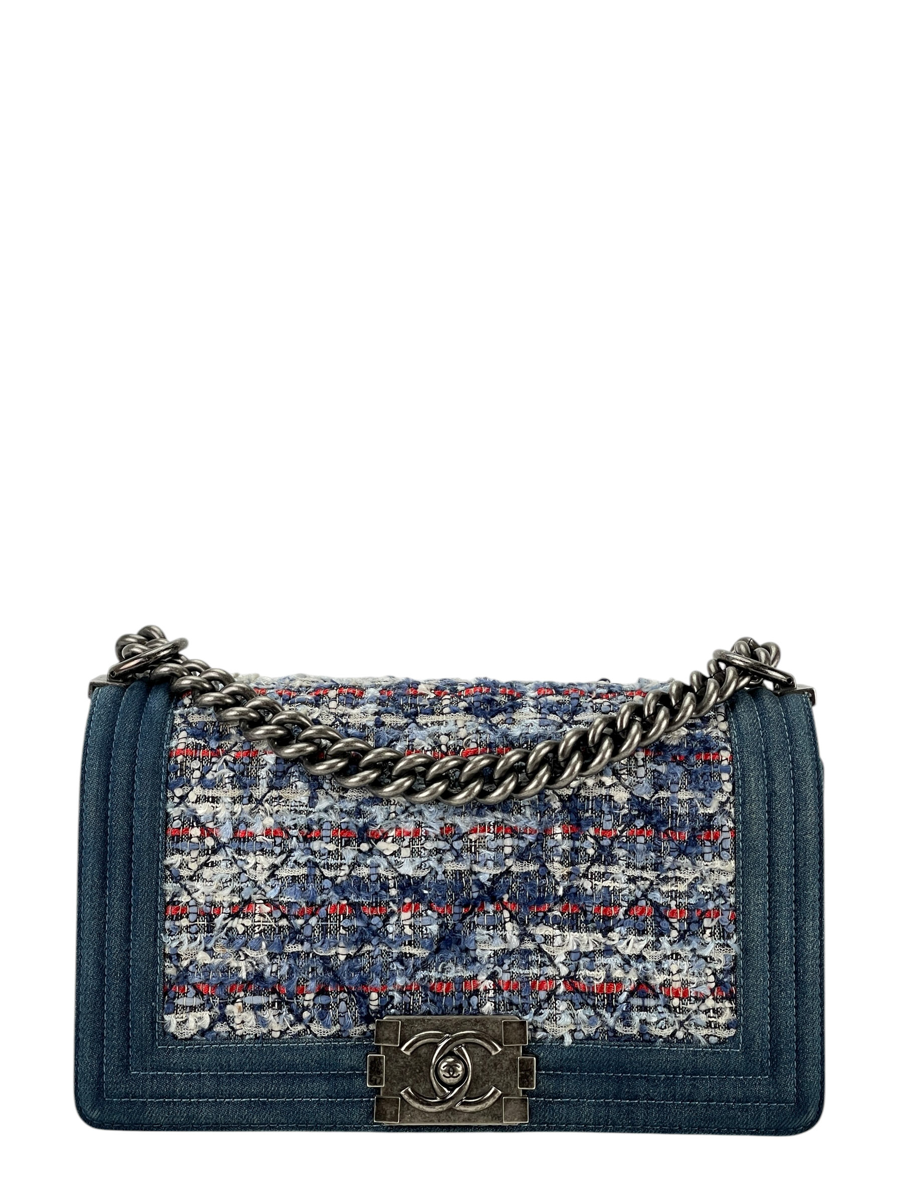 CHANEL -  Medium Boy Flap Bag Blue Tweed Denim Metal Gold
