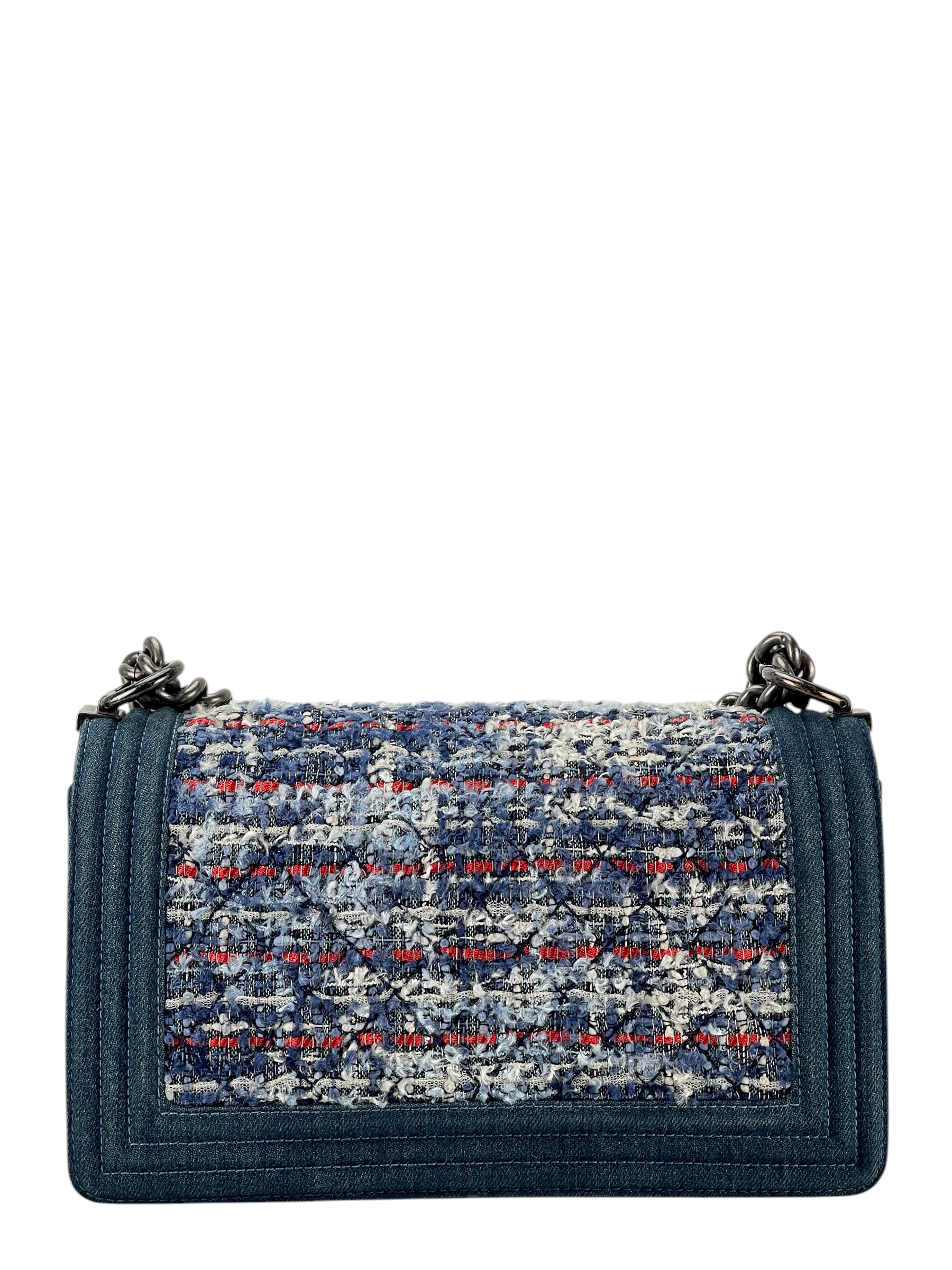 CHANEL -  Medium Boy Flap Bag Blue Tweed Denim Metal Gold
