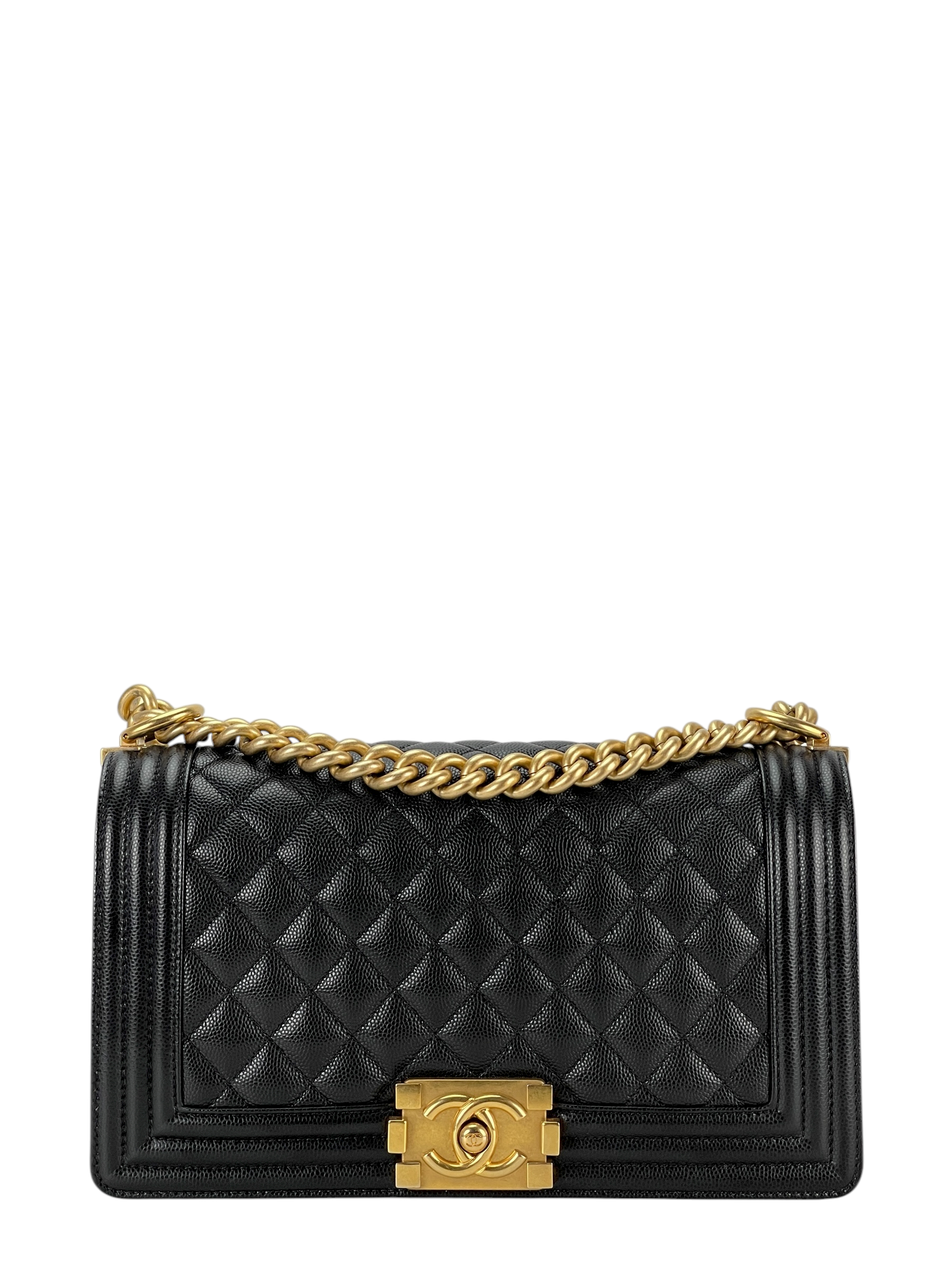 CHANEL -  Medium Boy Flap Bag Black Caviar Metal Gold