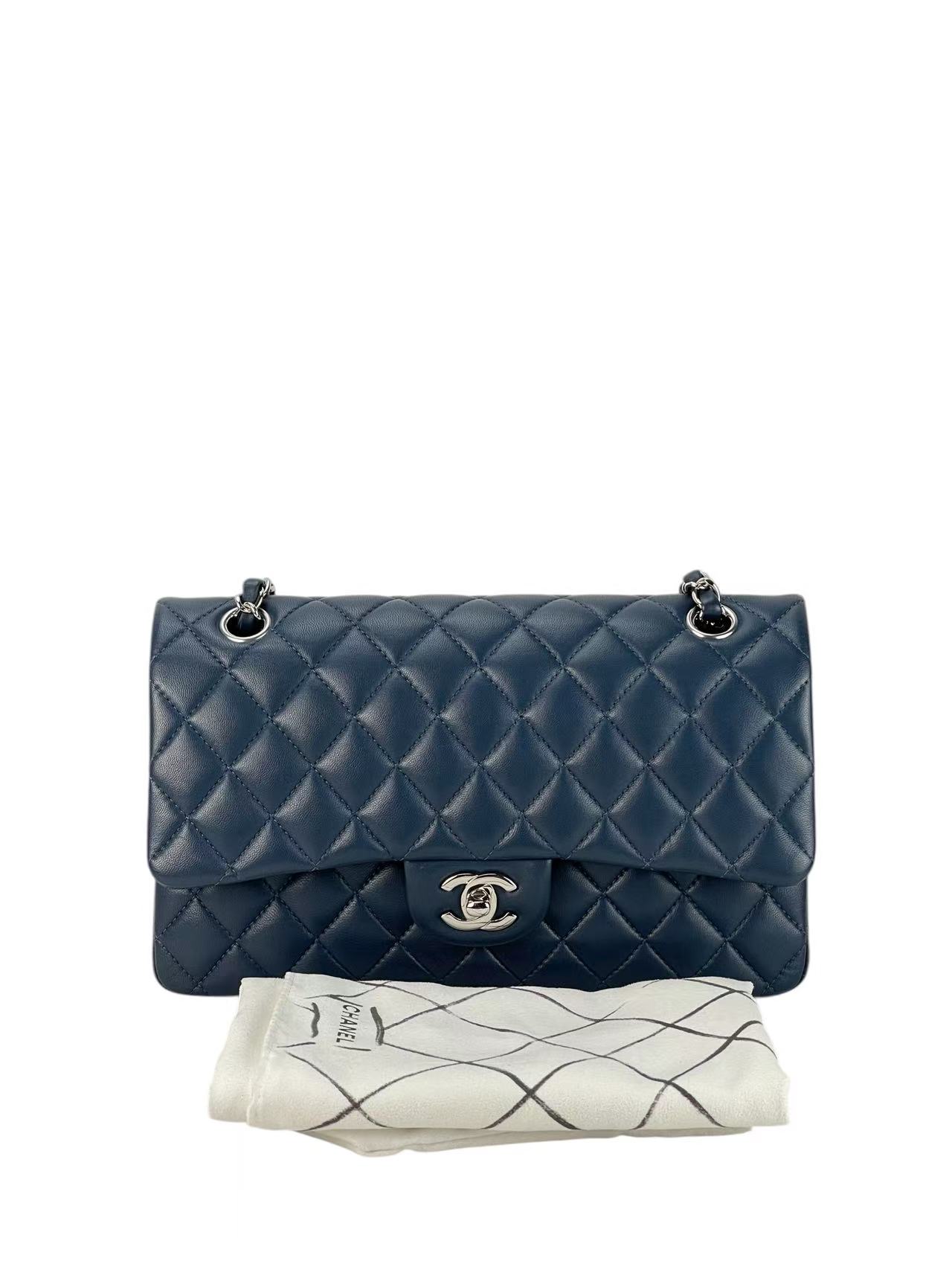 CHANEL - Medium Classic Double Flap Bag Dark Blue Lambskin Sliver Hardware (CF25)