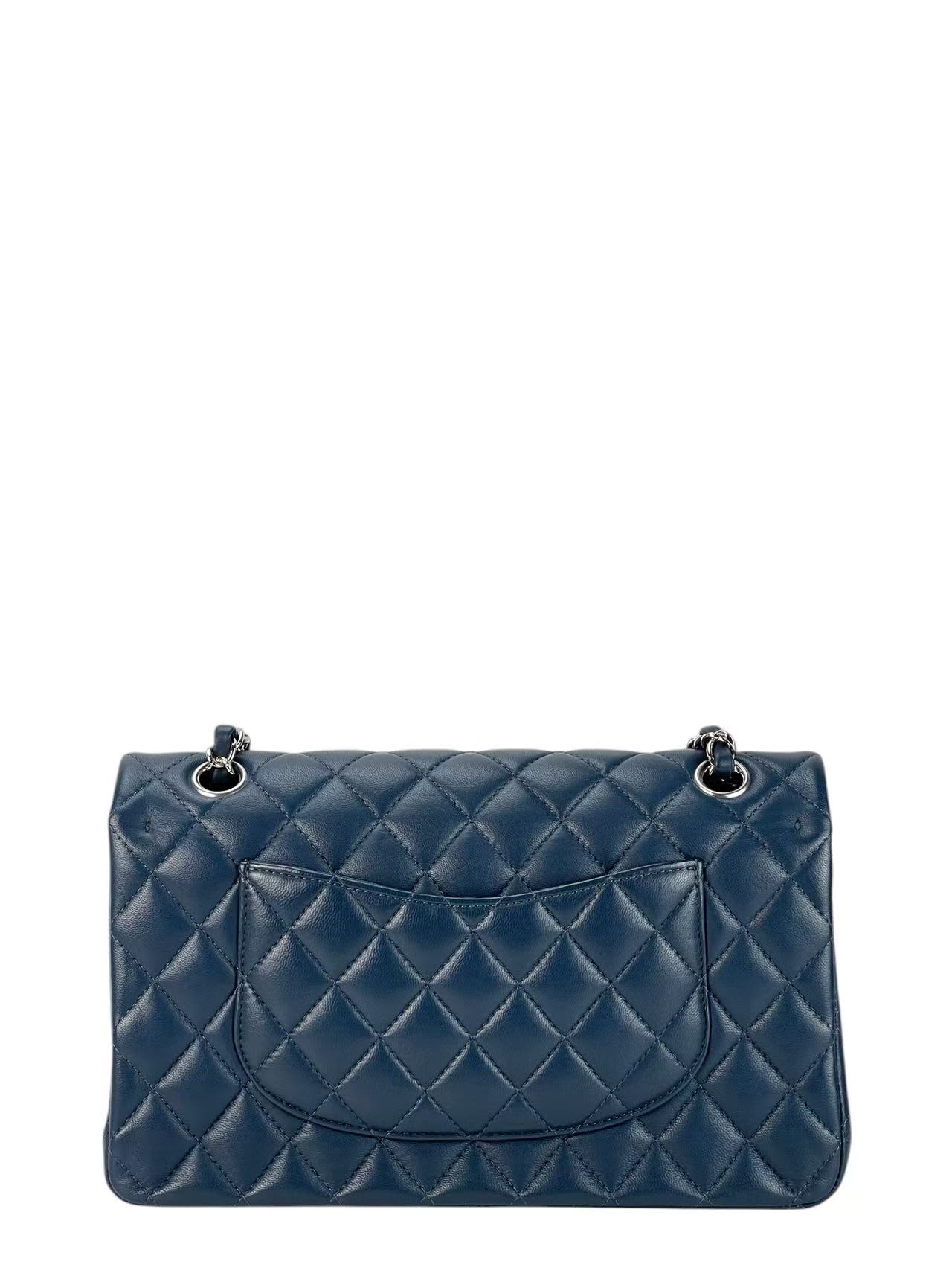 CHANEL - Medium Classic Double Flap Bag Dark Blue Lambskin Sliver