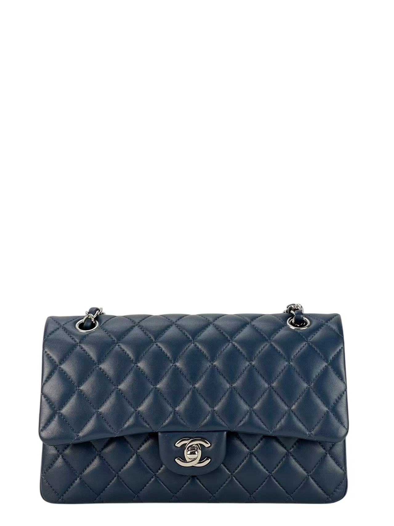 CHANEL - Medium Classic Double Flap Bag Dark Blue Lambskin Sliver Hardware (CF25)