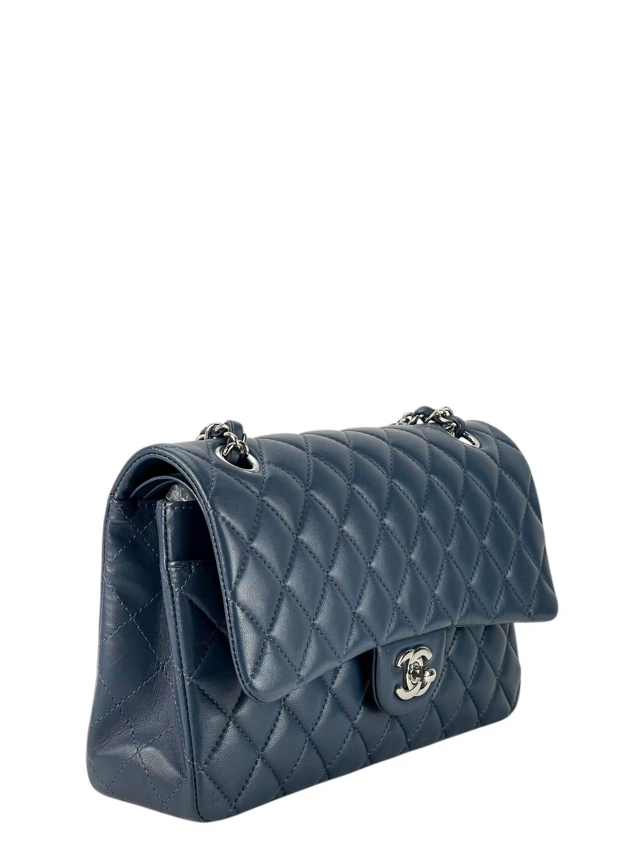 CHANEL - Medium Classic Double Flap Bag Dark Blue Lambskin Sliver Hardware (CF25)