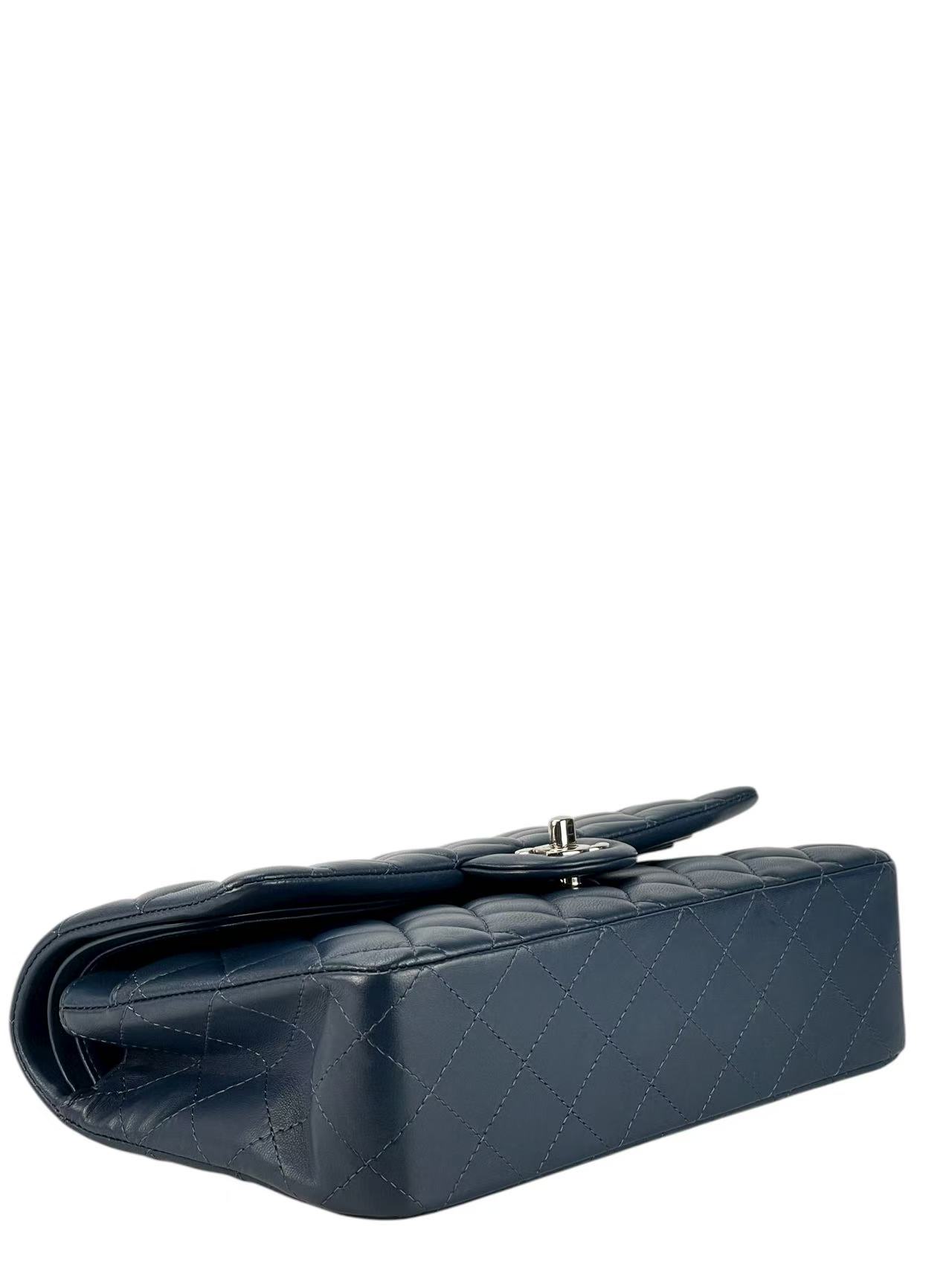 CHANEL - Medium Classic Double Flap Bag Dark Blue Lambskin Sliver Hardware (CF25)