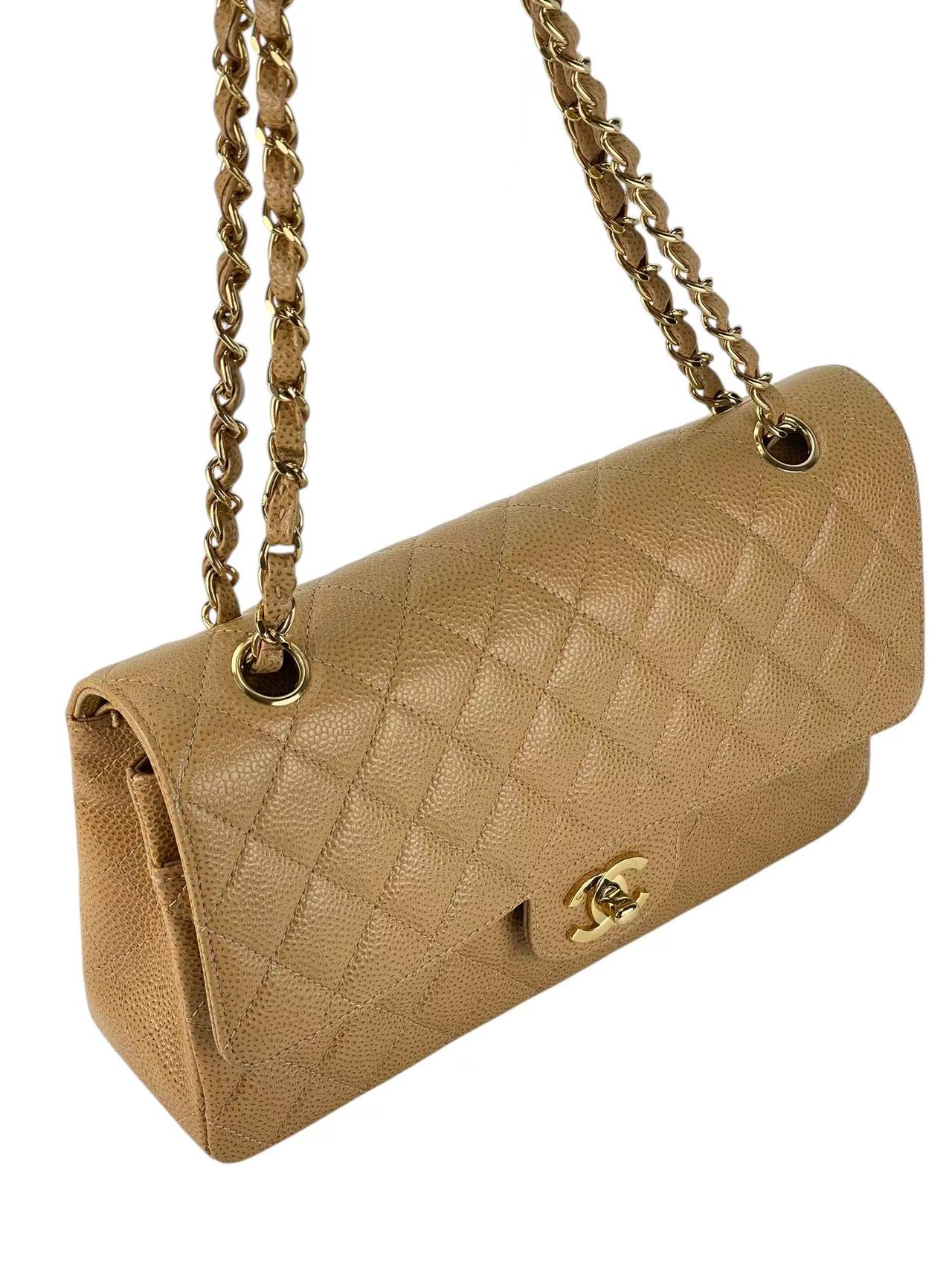 CHANEL - Medium Classic Double Flap Bag Beige Lambskin Sliver Hardware (CF25)