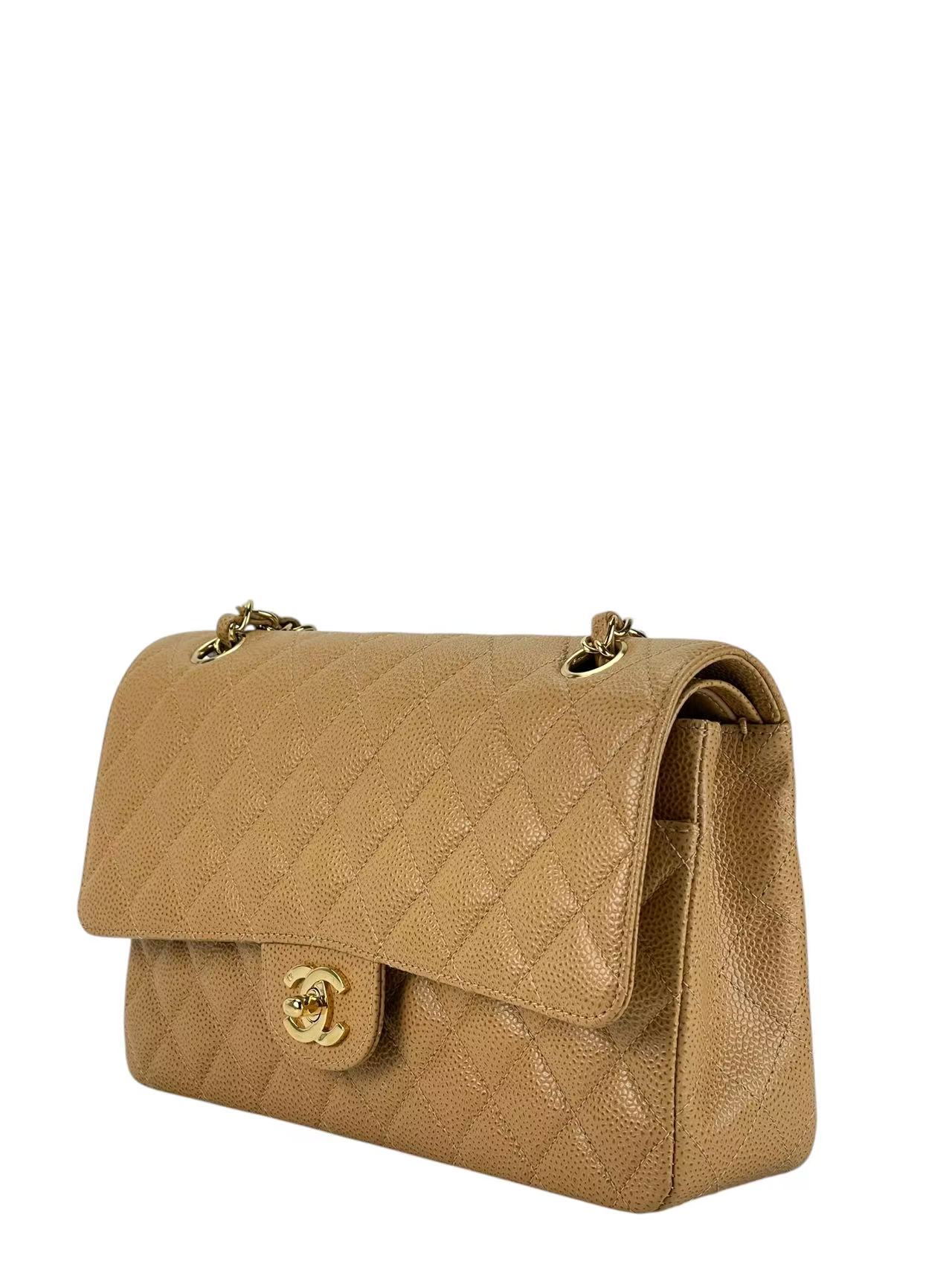 CHANEL - Medium Classic Double Flap Bag Beige Lambskin Sliver Hardware (CF25)